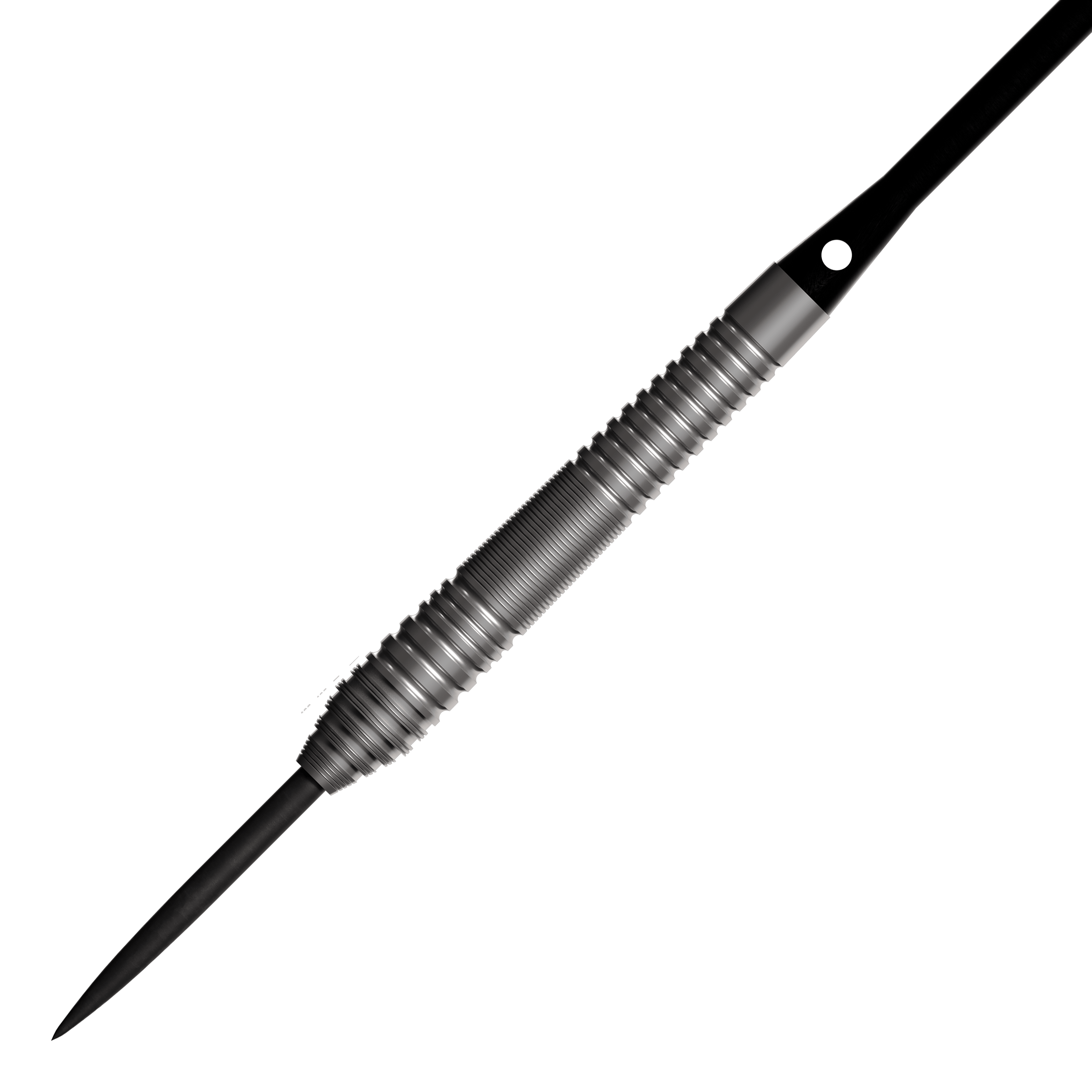 Bulls NL Dirk Van Duijvenbode 80 steel darts Auf dem Bild ist ein Steeldart mit einem silbernen, geriffelten Griff und einer schwarzen Spitze zu sehen. Es handelt sich um das Produkt "Bulls NL Dirk Van Duijvenbode 80 Steeldarts".