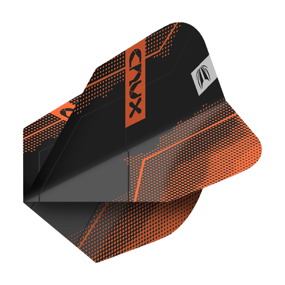 Target Pro Ultra Crux No6 Flights - 3 Sets - 3 Sets Das Bild zeigt einen schwarzen Dartflight mit orangefarbenen Akzenten und dem Schriftzug "CRUX". Das Produkt heißt "Target Pro Ultra Crux No6 Flights - 3 Sets".