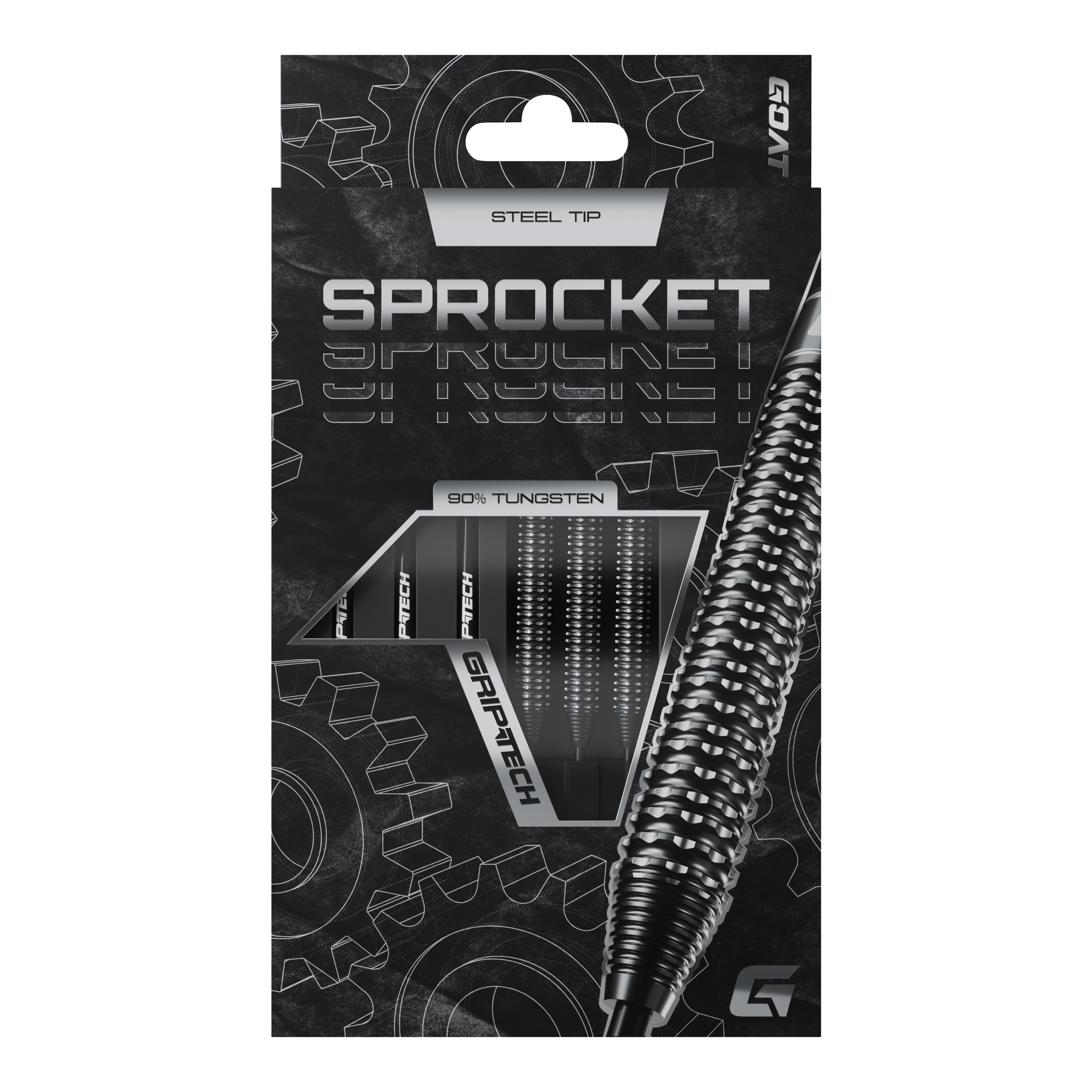 GOAT Sprocket Tungsten Steel Darts Die Abbildung zeigt die Verpackung der GOAT Sprocket Tungsten Steeldarts. Auf der Packung sind die Eigenschaften wie "Steel Tip" und "90% Tungsten" deutlich hervorgehoben.