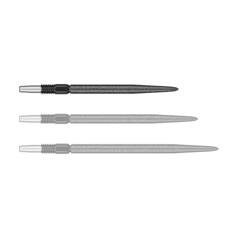 Target Swiss Point SLK dart tips - Black Auf dem Bild sind drei schwarze Dartspitzen mit silberfarbenem Gewinde zu sehen. Sie liegen nebeneinander auf weißem Hintergrund.