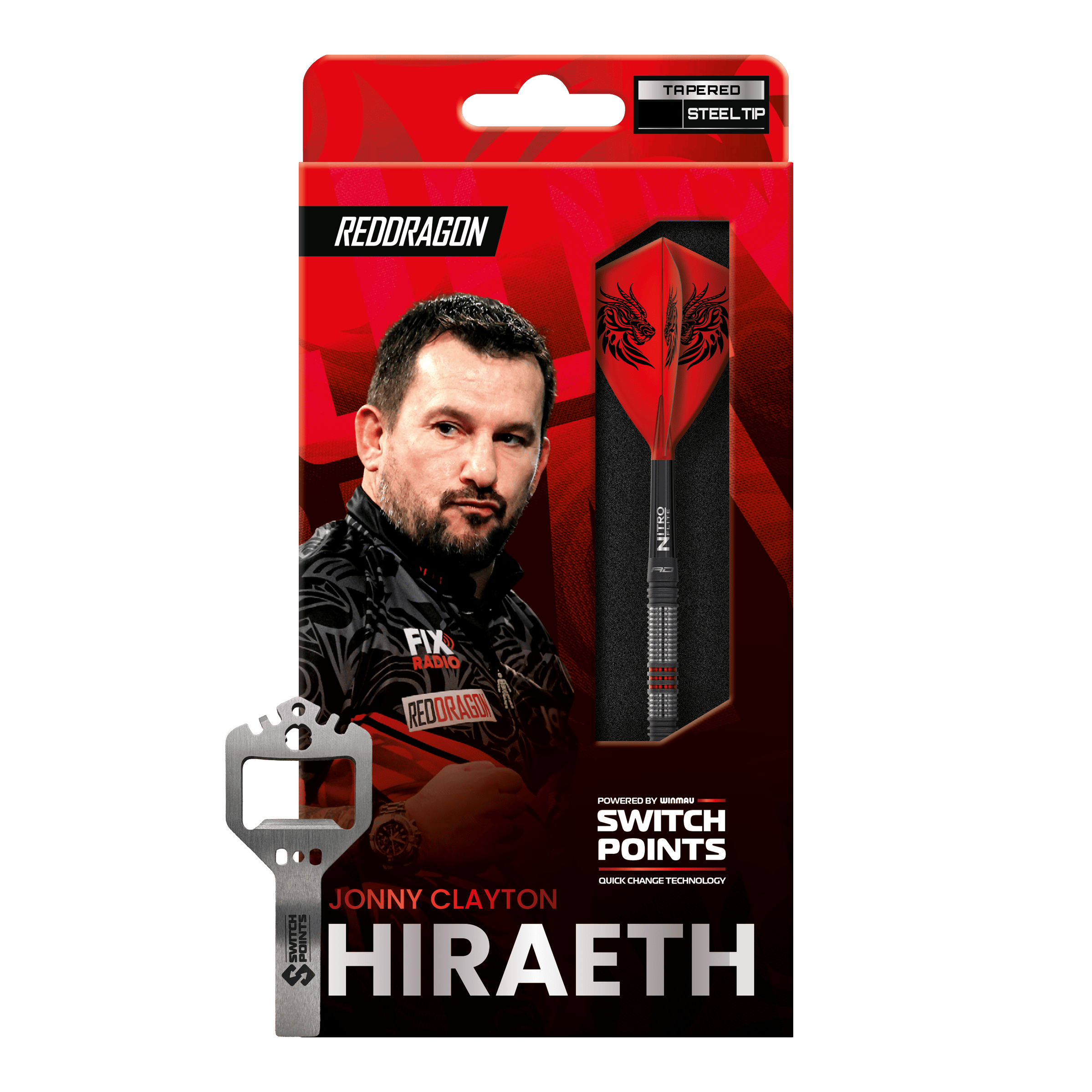 Red Dragon Jonny Clayton Hireath Switch Point Steeldarts sind abgebildet. Die Darts zeichnen sich durch ihr elegantes Design und hochwertige Verarbeitung aus.