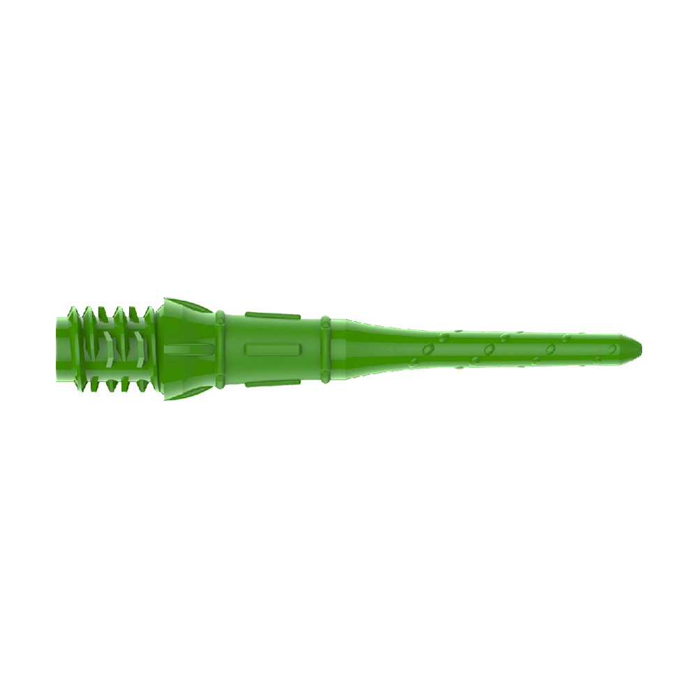 Das Bild zeigt eine grüne Kunststoffspitze für Softdarts. Sie hat ein geriffeltes Gewinde und eine schlanke, längliche Form.