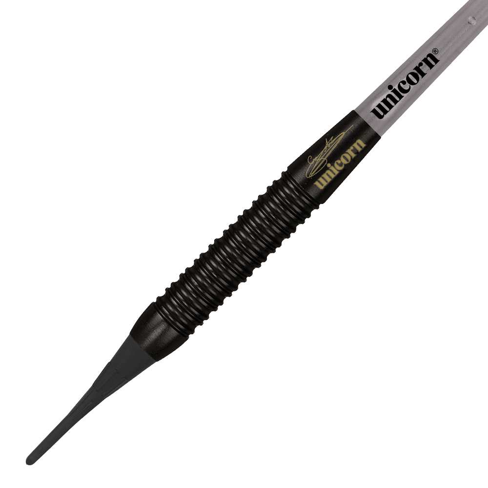 23664_Unicorn_World_Champion_Gary_Anderson_Black_Brass_Softdarts_2 Dies ist ein Softdart der Marke Unicorn, Modell "World Champion Gary Anderson Black Brass" mit 19 Gramm Gewicht. Der Dart hat ein schwarzes, geriffeltes Barrel und einen Kunststoffspitze.