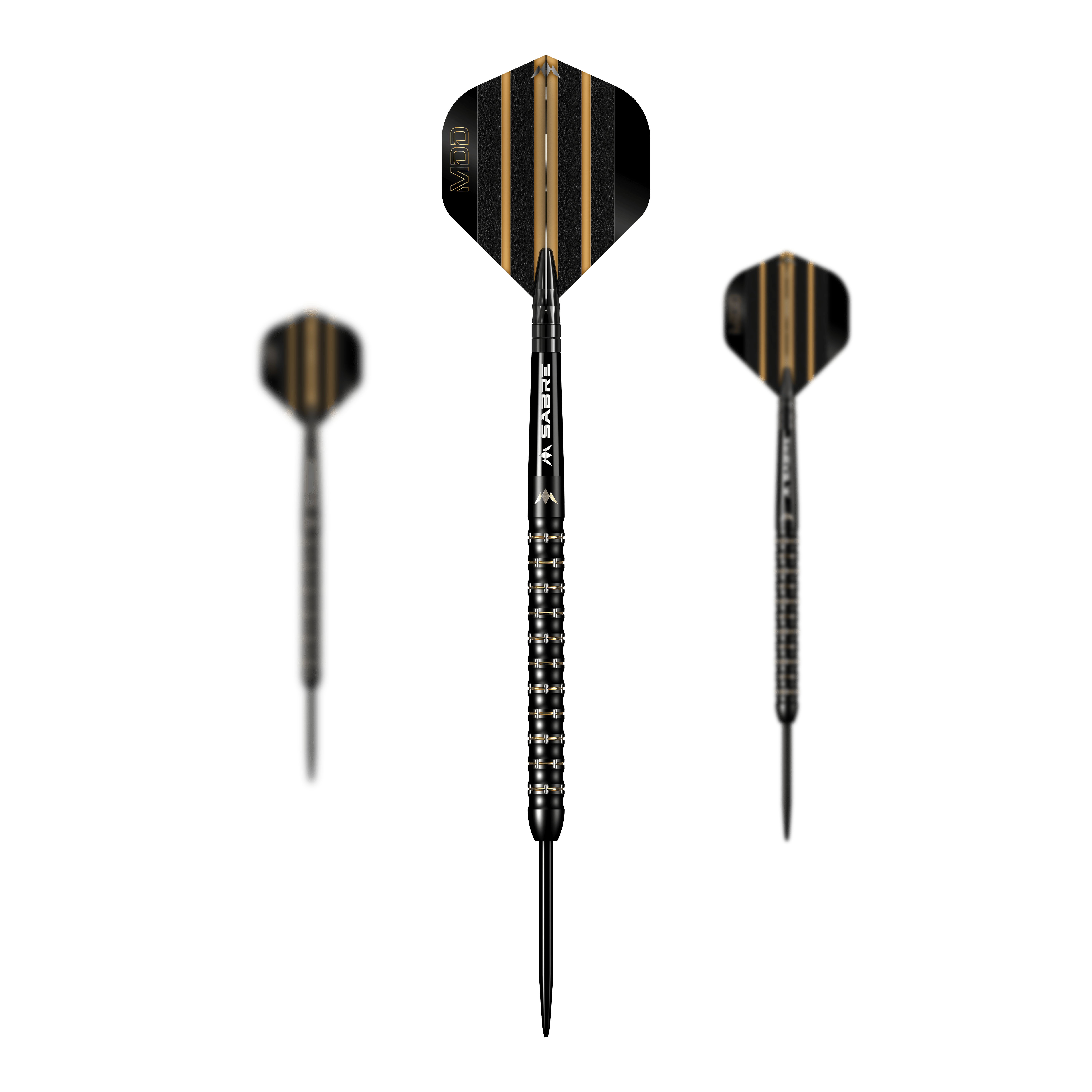 Das Bild zeigt drei Steeldarts des Modells "Mission Mike De Decker MDD Black Gold". Die Darts sind schwarz-gold gestaltet und besitzen ein modernes, auffälliges Design.