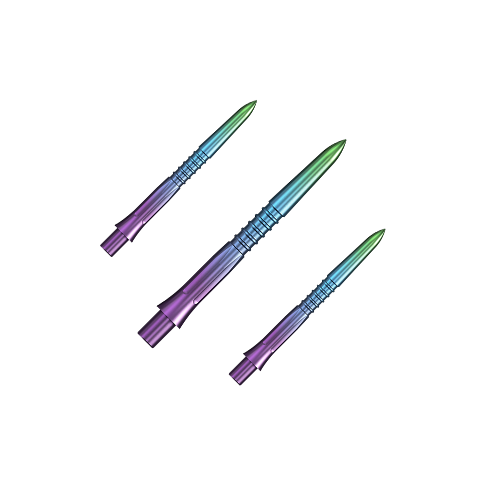 Mission Caliburn EVO dart tips GV1 - Rainbow Das Bild zeigt Steeldartspitzen in Regenbogenfarben mit einer Länge von 26 mm. Es handelt sich um ein Set namens Mission Caliburn EVO GV1.