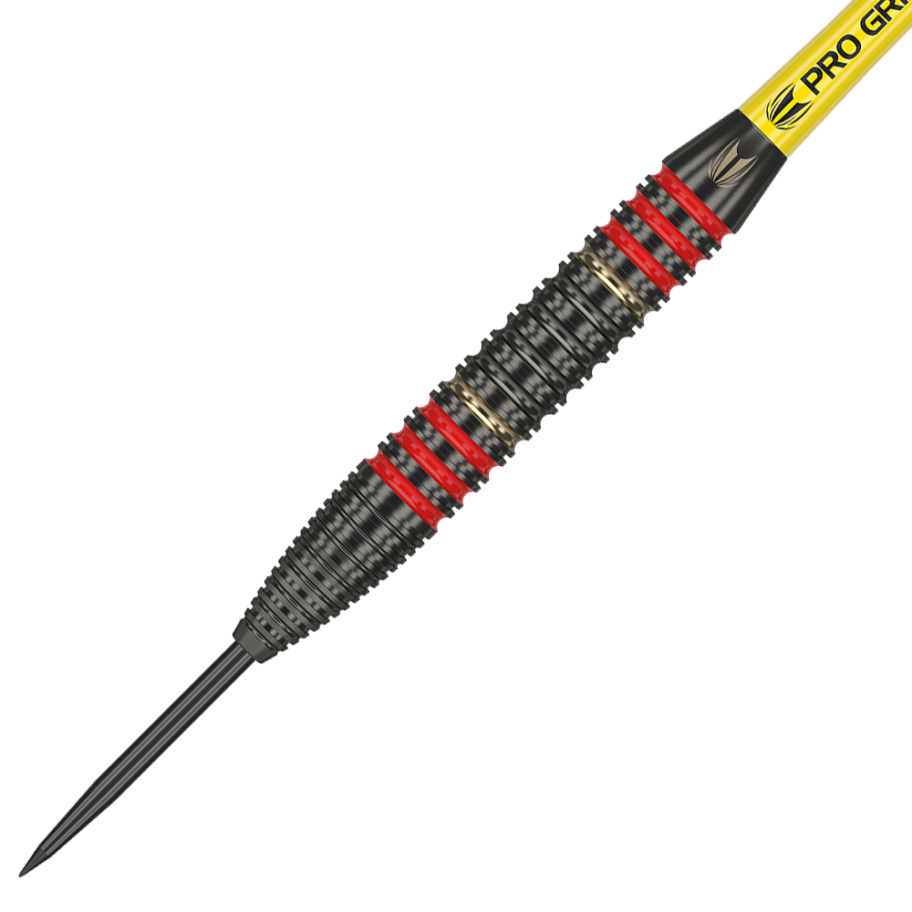 170007_Target_Dimitri_Van_Den_Bergh_Brass_Steeldarts_2 Das Bild zeigt einen Target Dimitri Van Den Bergh Brass Steeldart mit einem Gewicht von 22 Gramm. Der Dart hat schwarze und rote Ringe sowie eine strukturierte Griffzone.