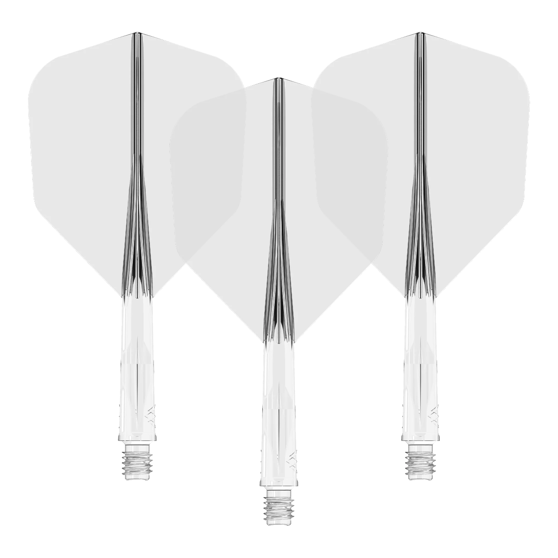 Mission Force 90 No6 Flight Shaft System - Clear Auf dem Bild sind drei klare Dart-Flights mit passenden transparenten Schäften zu sehen. Sie sind nebeneinander angeordnet und zeigen eine einheitliche, schlichte Optik.