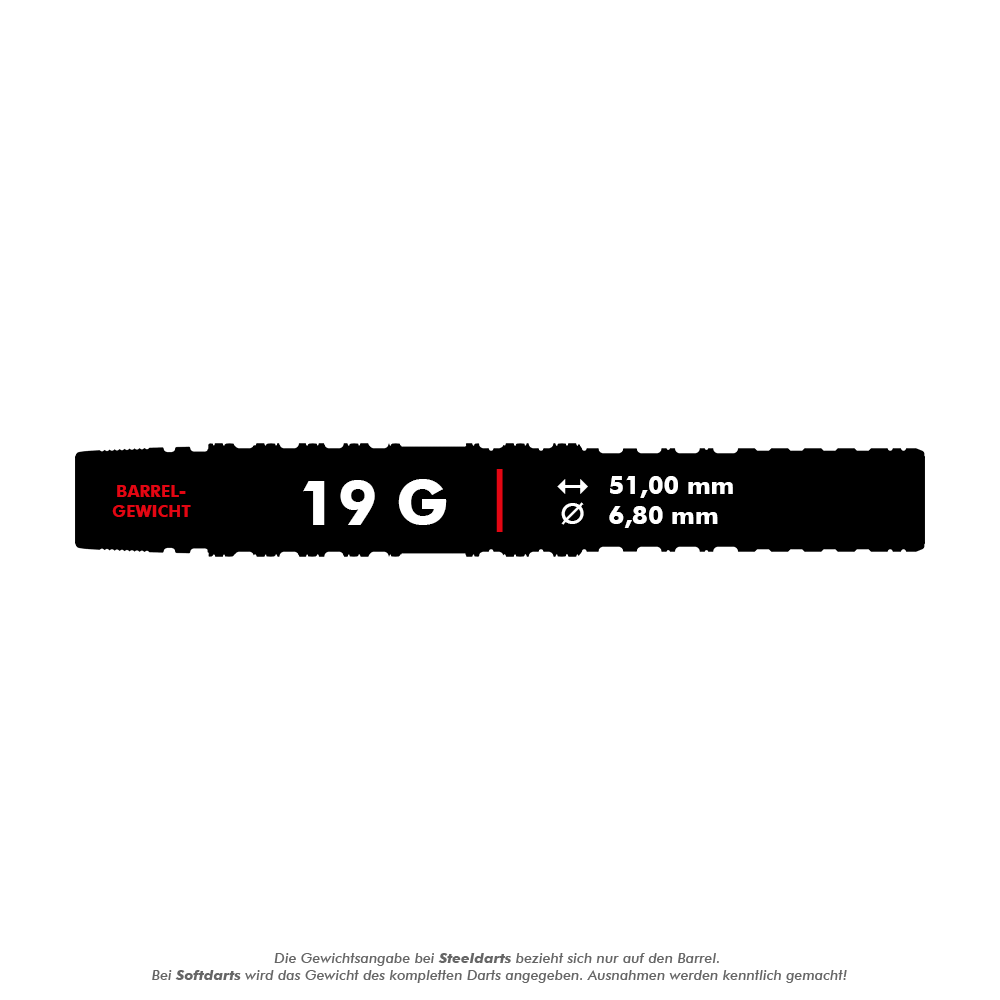 Target Japan Yuta Hayashi Sirius GEN3 Soft Darts - 19g Das Bild zeigt die technischen Daten für die Target Japan Yuta Hayashi Sirius GEN3 Softdarts - 19g. Das Barrel wiegt 19 Gramm, ist 51,00 mm lang und hat einen Durchmesser von 6,80 mm.
