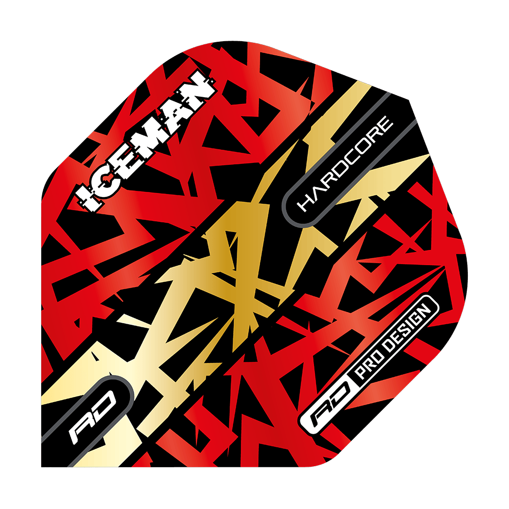 Das Bild zeigt ein Dartflight mit dem Namen "Red Dragon Hardcore Gerwyn Price Red Gold Premium Standard Flights". Das Design ist in Rot, Gold und Schwarz gehalten und enthält die Wörter "ICEMAN", "HARDCORE" und "PRO DESIGN".