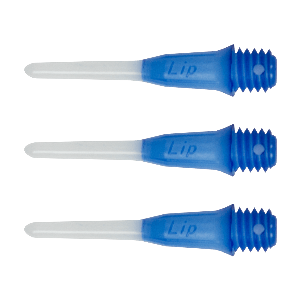 SLIPPTT-BL_L-Style_Two_Tone_Short_Lippoints_Dark_Blue_-30er_Pack Das Bild zeigt drei blaue und weiße Dartspitzen der Marke "L-Style Two Tone Short Lippoints". Sie sind speziell für Softdarts konzipiert und tragen den Schriftzug "Lip".