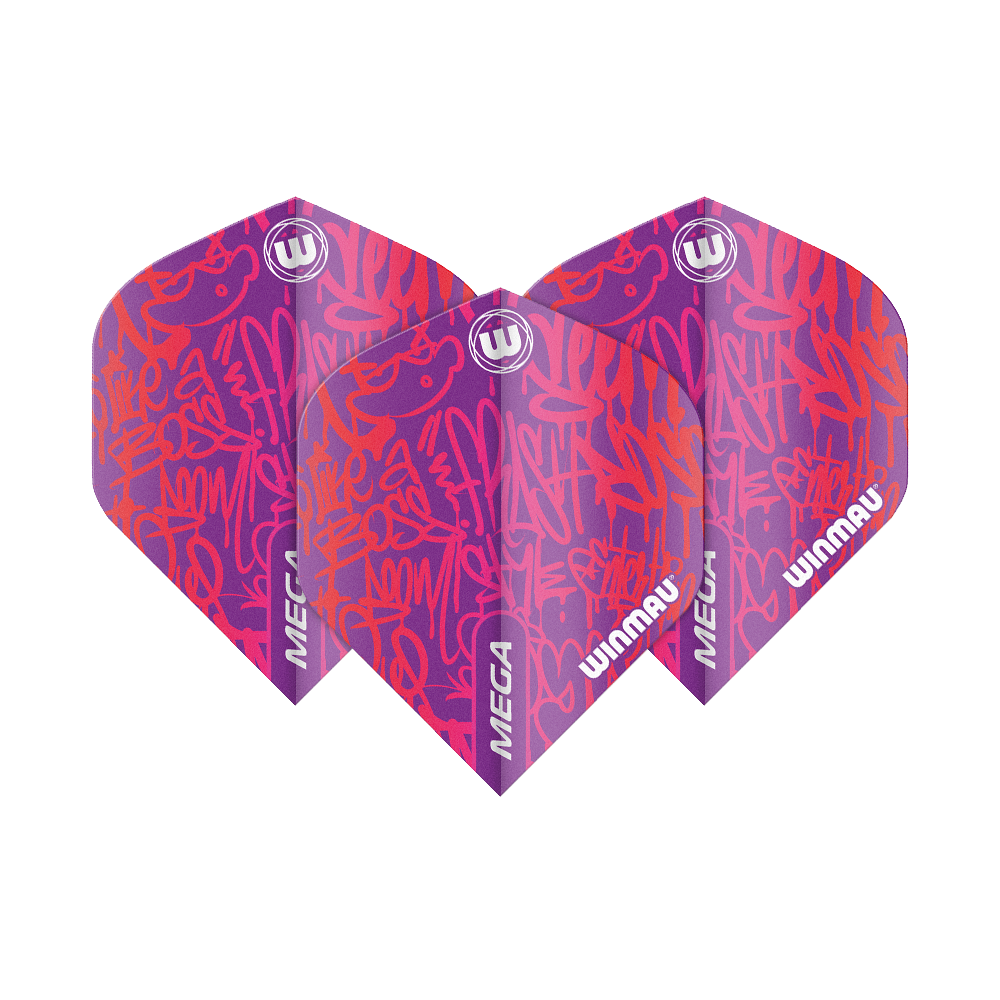 6900-242_Winmau_Mega_Red_Standard_Flights_1oVXq1sjGdsTcj Das Bild zeigt drei Winmau Mega Red Standard Flights für Darts. Sie sind überwiegend rot und lila mit auffälligen grafischen Mustern und dem Winmau-Logo.