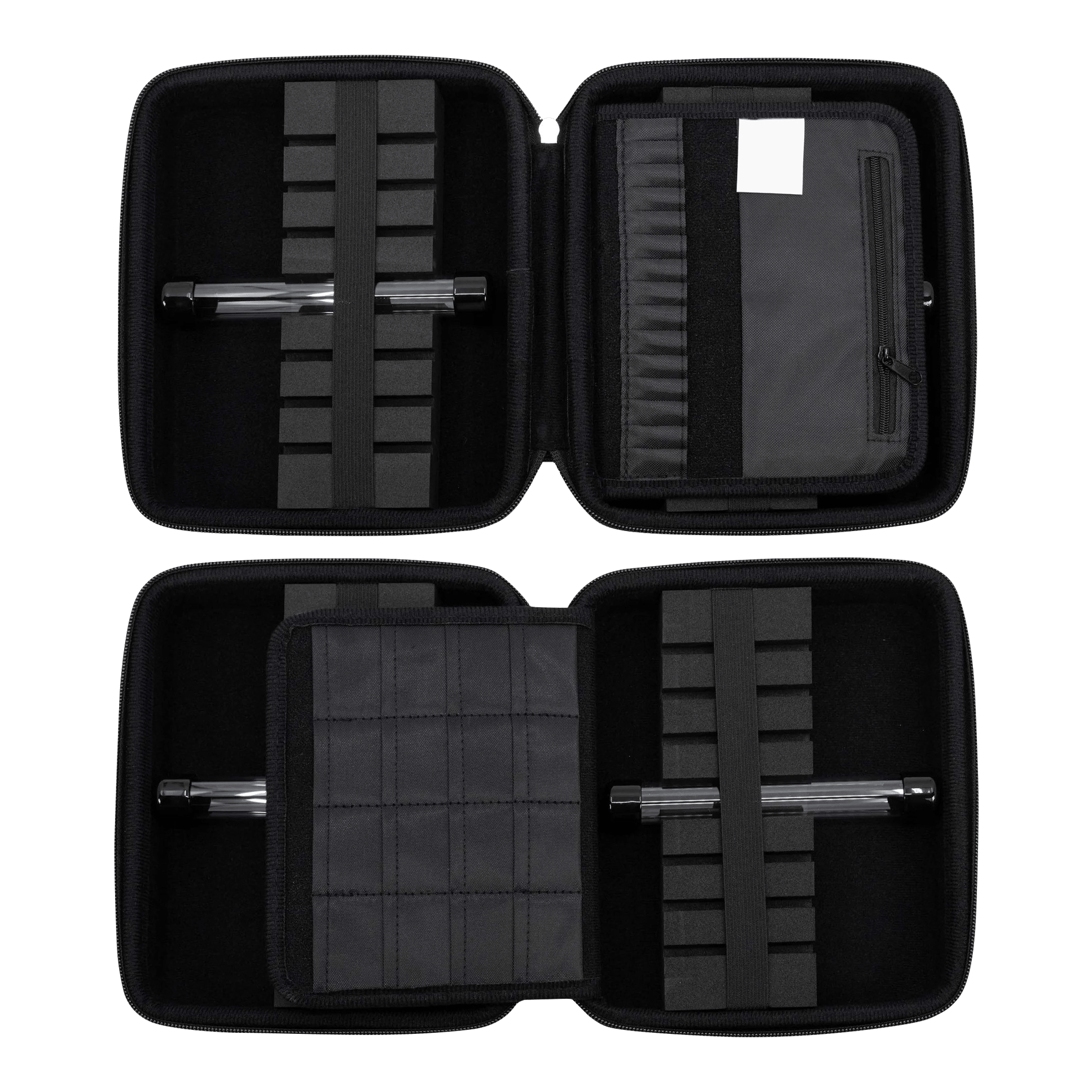 GOAT Locker XXL Dart Wallet Das Bild zeigt das geöffnete GOAT Locker XXL Dartwallet mit mehreren Fächern und Halterungen für Dartzubehör. Die Darttasche ist schwarz und bietet viel Platz zur sicheren Aufbewahrung.