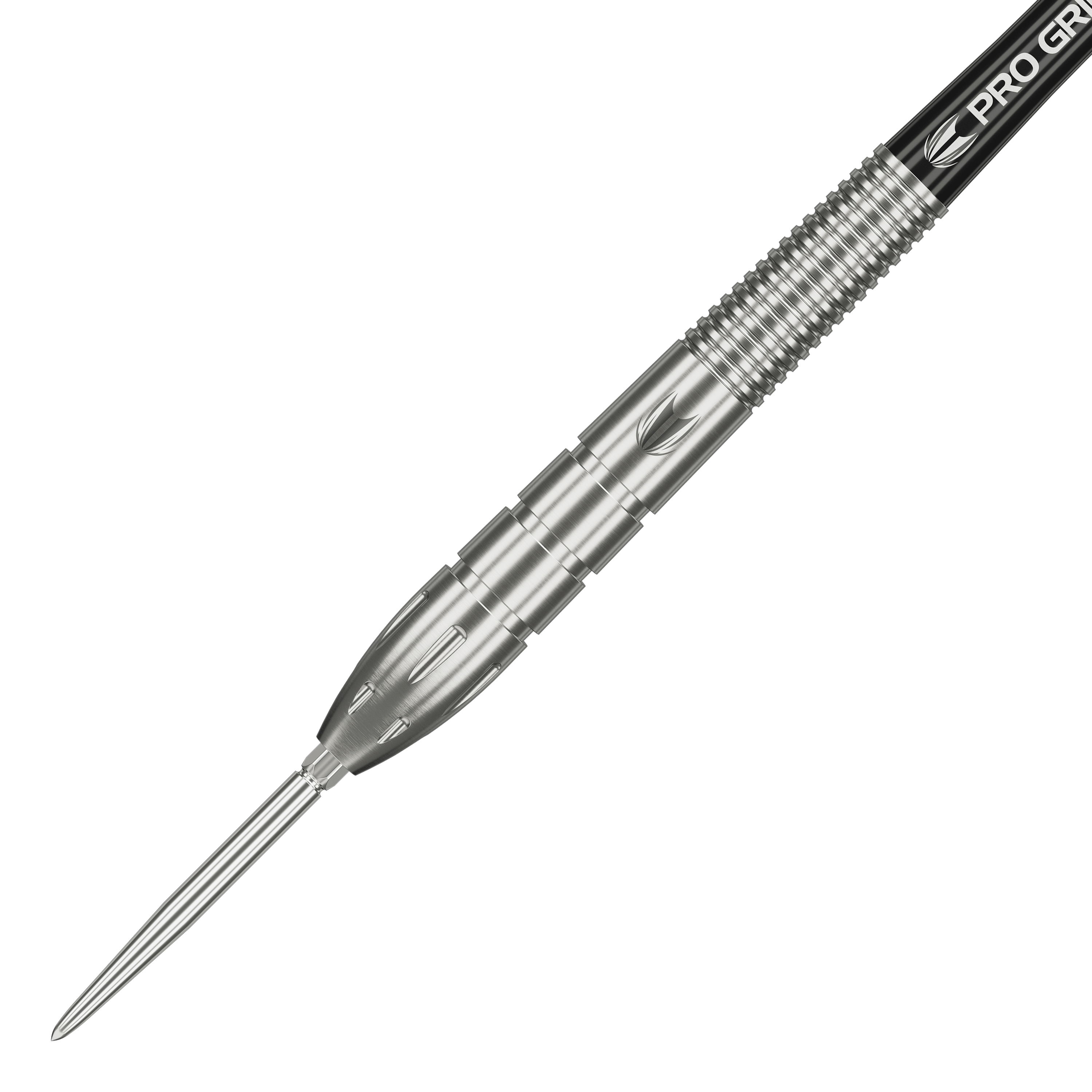 Target Nathan Aspinall GEN1 Swiss Point steel darts Das Bild zeigt einen silbernen Steeldart aus der Serie "Target Nathan Aspinall GEN1 Swiss Point". Der Dart hat ein gerilltes Griffstück und eine spitze Metallspitze.