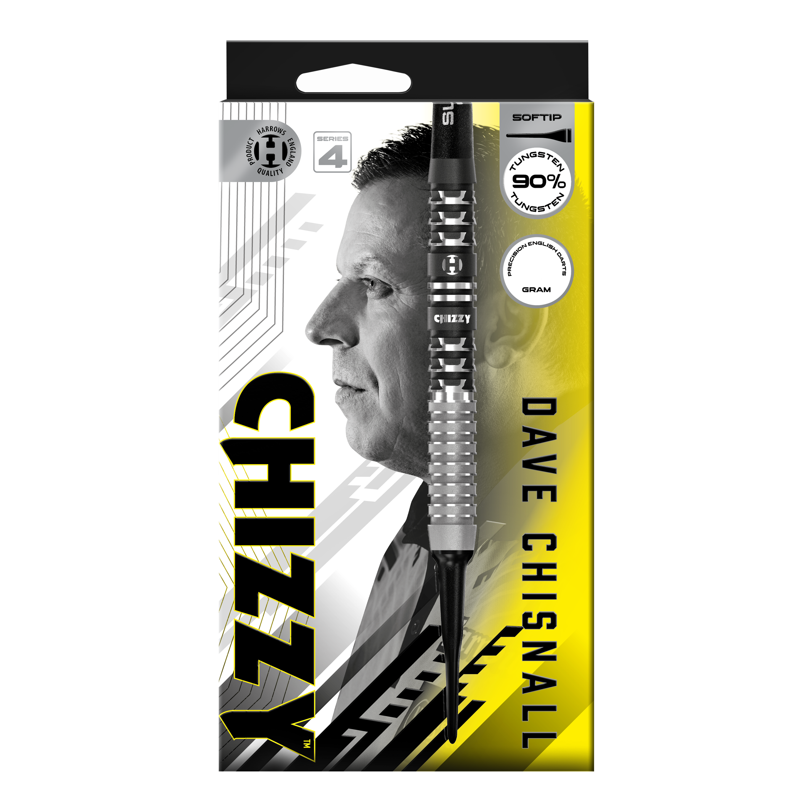 Harrow's Dave Chisnall Chizzy Series 4 soft darts Das Bild zeigt die Harrows Dave Chisnall Chizzy Series 4 Softdarts. Diese Softdarts wurden für Präzisionswürfe entwickelt.