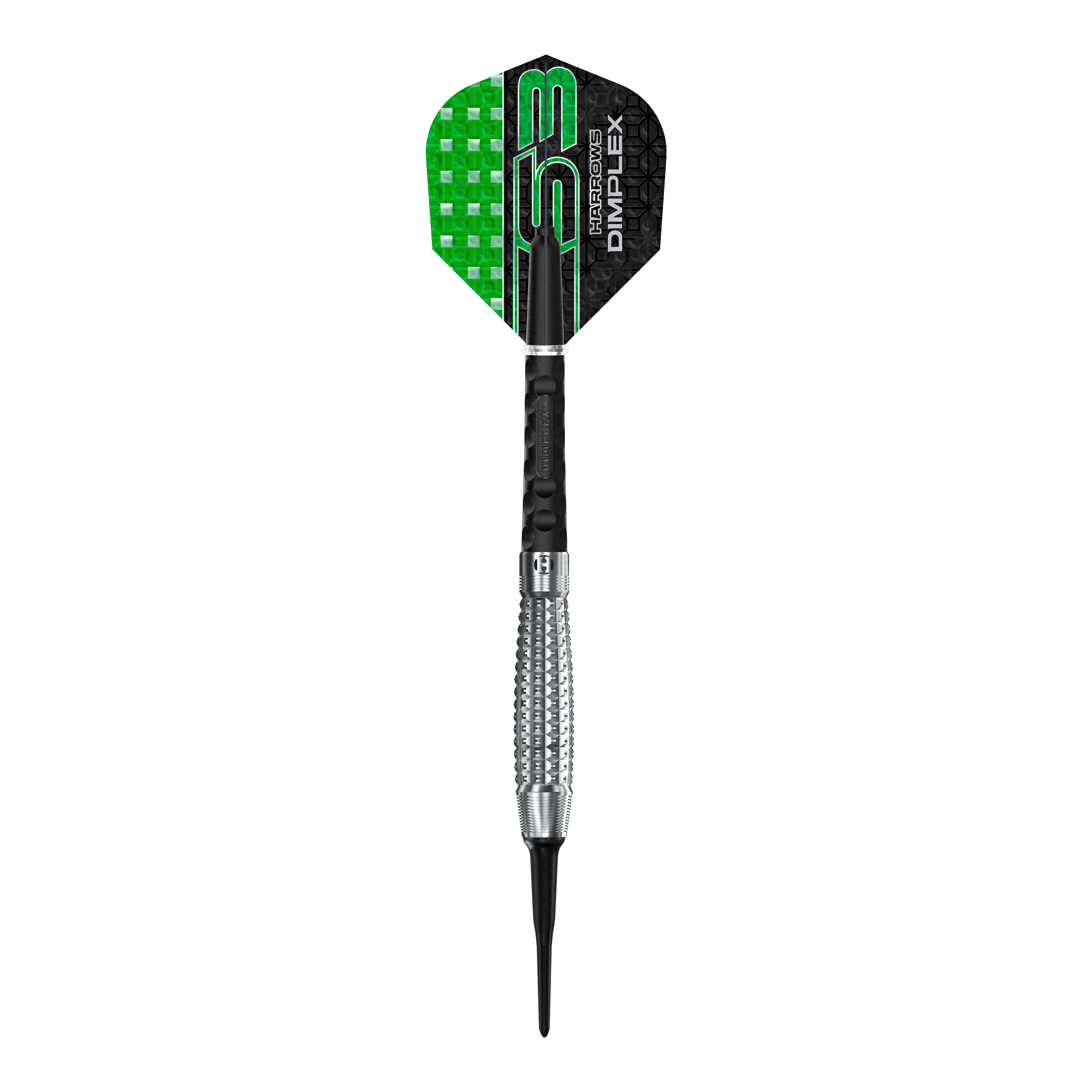 Harrows Dimplex S3 Bomb soft darts Das Bild zeigt einen Harrows Dimplex S3 Bomb Softdart. Der Dart hat eine schwarze und grüne Flight sowie einen silbernen, geriffelten Barrel.