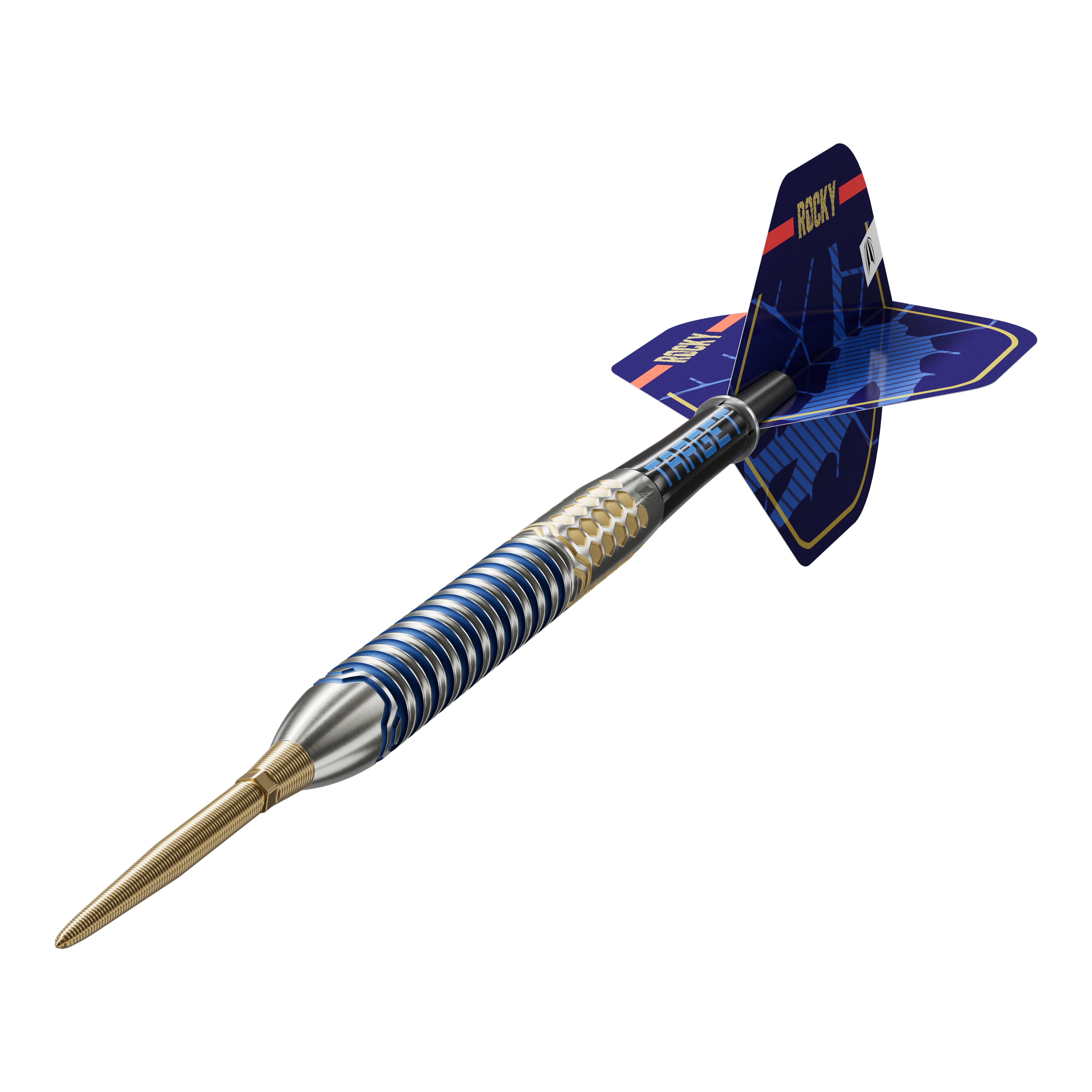 Target Josh Rock GEN1 Swiss Point Steel Darts Das Bild zeigt einen Target Josh Rock GEN1 Swiss Point Steeldart. Der Dartpfeil hat ein auffälliges Design mit blauen und goldenen Akzenten sowie einem verzierten Flight.