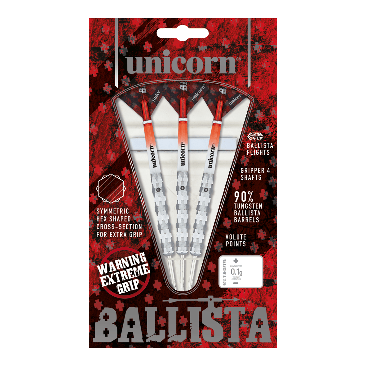 Unicorn Ballista Style 1 steel darts Das Bild zeigt die "Unicorn Ballista Style 1 Steeldarts" in ihrer Verpackung. Die Darts haben einen extremen Grip und bestehen zu 90% aus Tungsten.