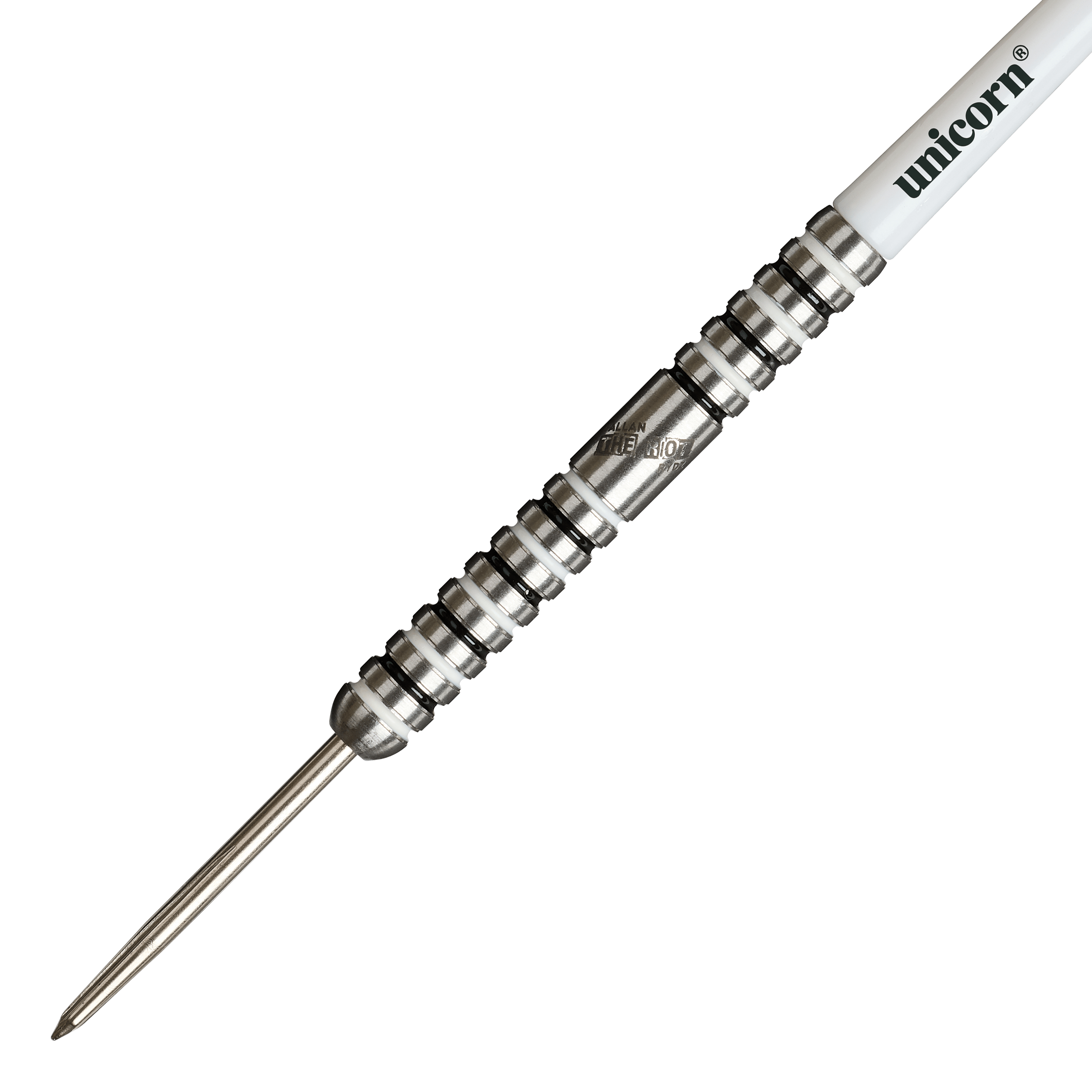 Das Bild zeigt einen silbernen Steeldart mit auffälligen Rillen und dem Markennamen "Unicorn" auf dem weißen Schaft. Es handelt sich um das Modell "Unicorn Callan Rydz The Riot Phase 2 Steeldarts".
