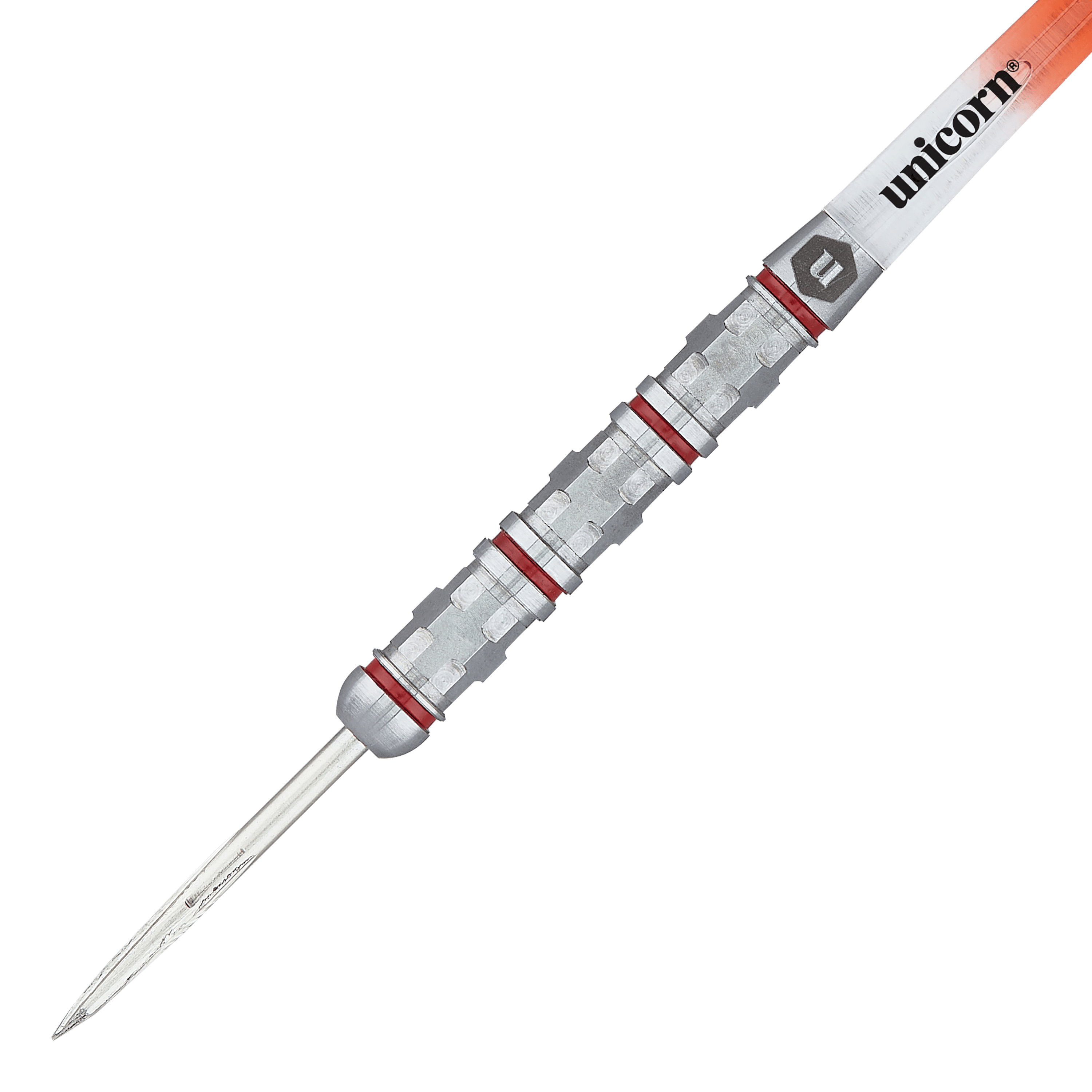 Unicorn Ballista Style 4 steel darts Das Bild zeigt einen Unicorn Ballista Style 4 Steeldart. Der Dartpfeil hat ein silbernes, geriffeltes Griffstück mit roten Ringen und einer Spitze aus Metall.