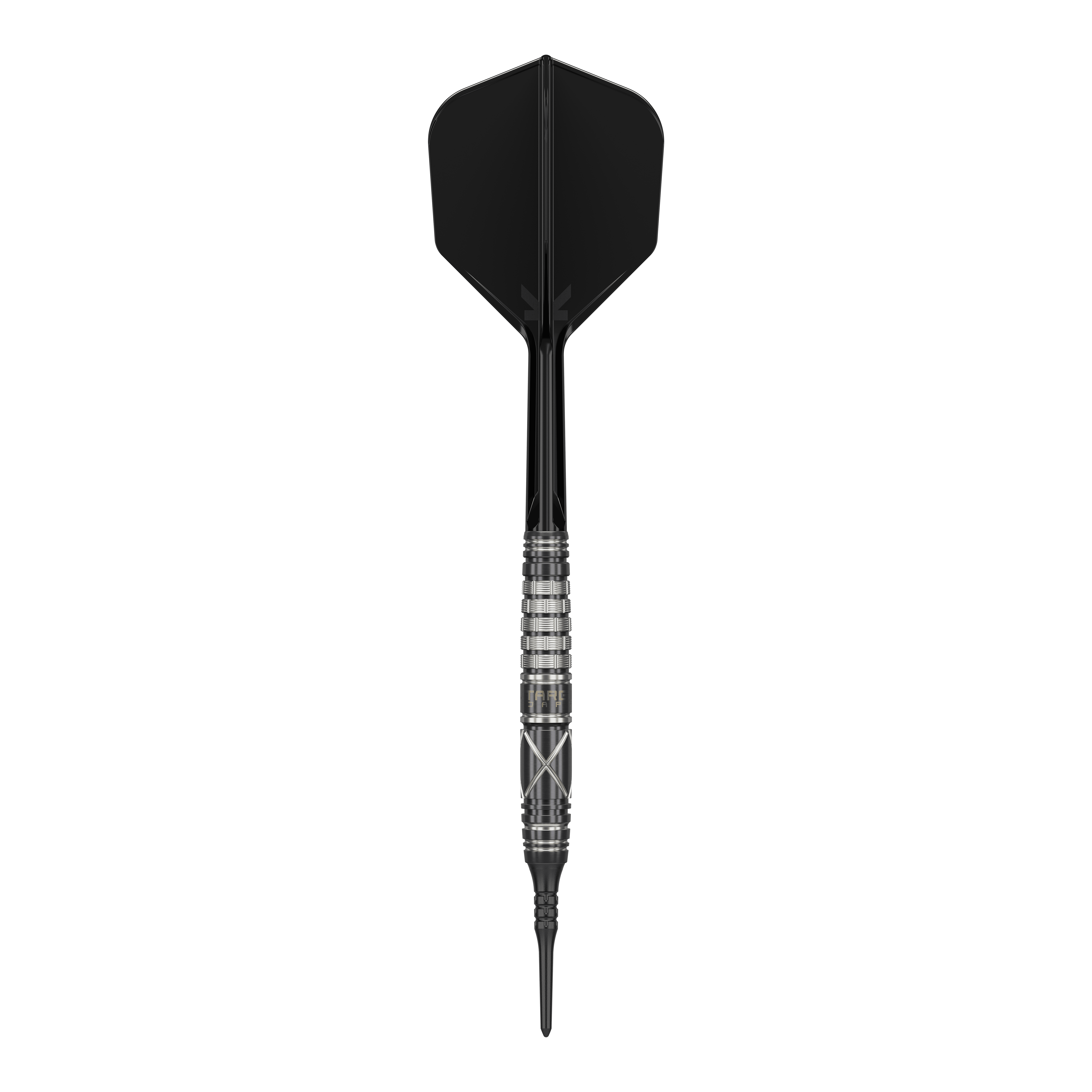 Das Bild zeigt einen Softdart namens "Target Japan Black Marque Chaos 2" mit einem Gewicht von 19 Gramm. Der Dart hat ein elegantes, schwarzes Design mit silbernen Akzenten am Griff.