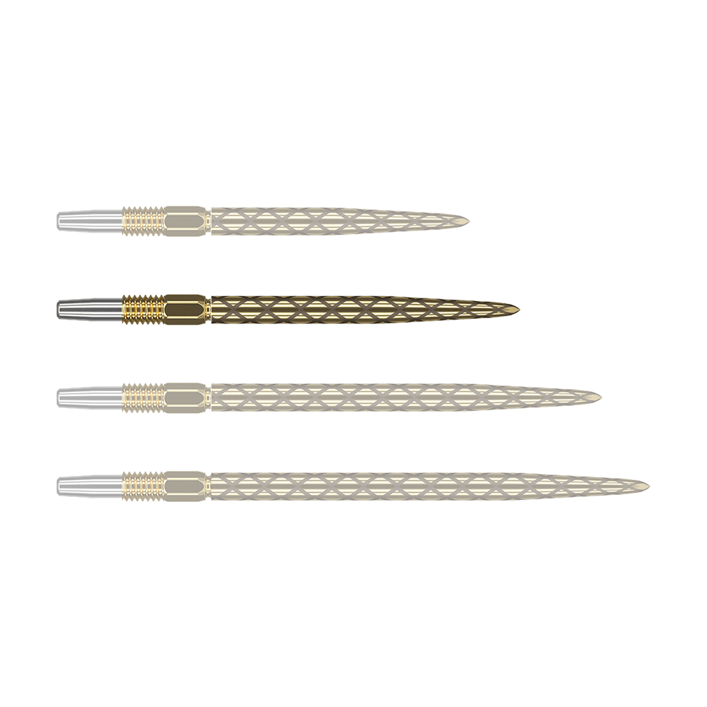Target Swiss Diamond Pro Gold dart tips Das Bild zeigt vier goldfarbene Dartspitzen mit silberner Spitze, die nebeneinander liegen. Die Oberflächen der Dartspitzen haben ein rautenförmiges Muster.