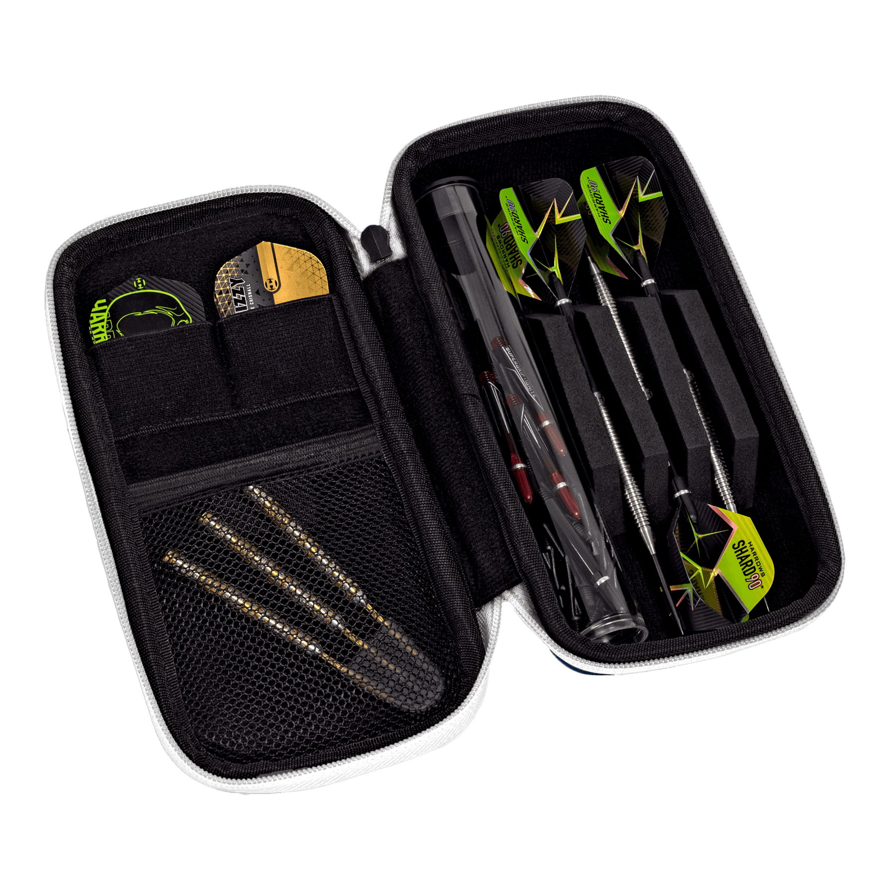 Harrows Smart Case Dartwallet Das Bild zeigt ein geöffnetes Dart-Etui mit mehreren Fächern. Darin befinden sich drei zusammengesteckte Darts, Ersatzteile und weiteres Dart-Zubehör.