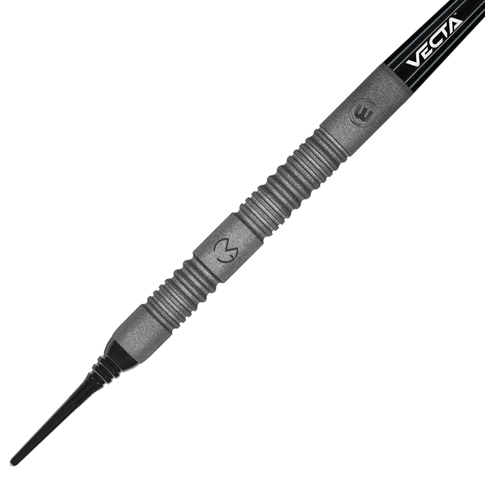 2448_Winmau_Michael_Van_Gerwen_Exact_Softdarts_2 Das Bild zeigt einen Winmau Michael Van Gerwen Exact Softdart. Der Dartpfeil ist grau mit einem geriffelten Griff und schwarzer Spitze.