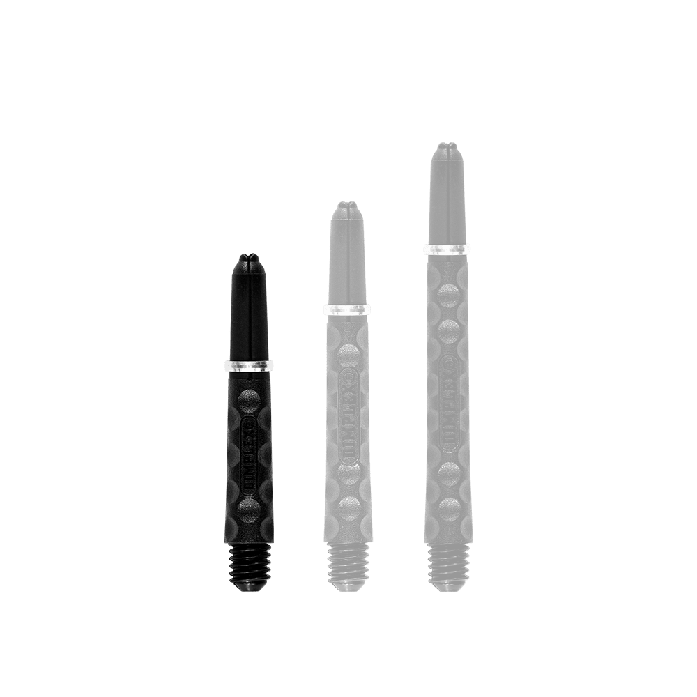 Harrows Dimplex Shafts - Schwarz Auf dem Bild sind drei schwarze Dartschäfte in verschiedenen Längen zu sehen. Sie haben eine strukturierte Oberfläche und einen silbernen Metallring.