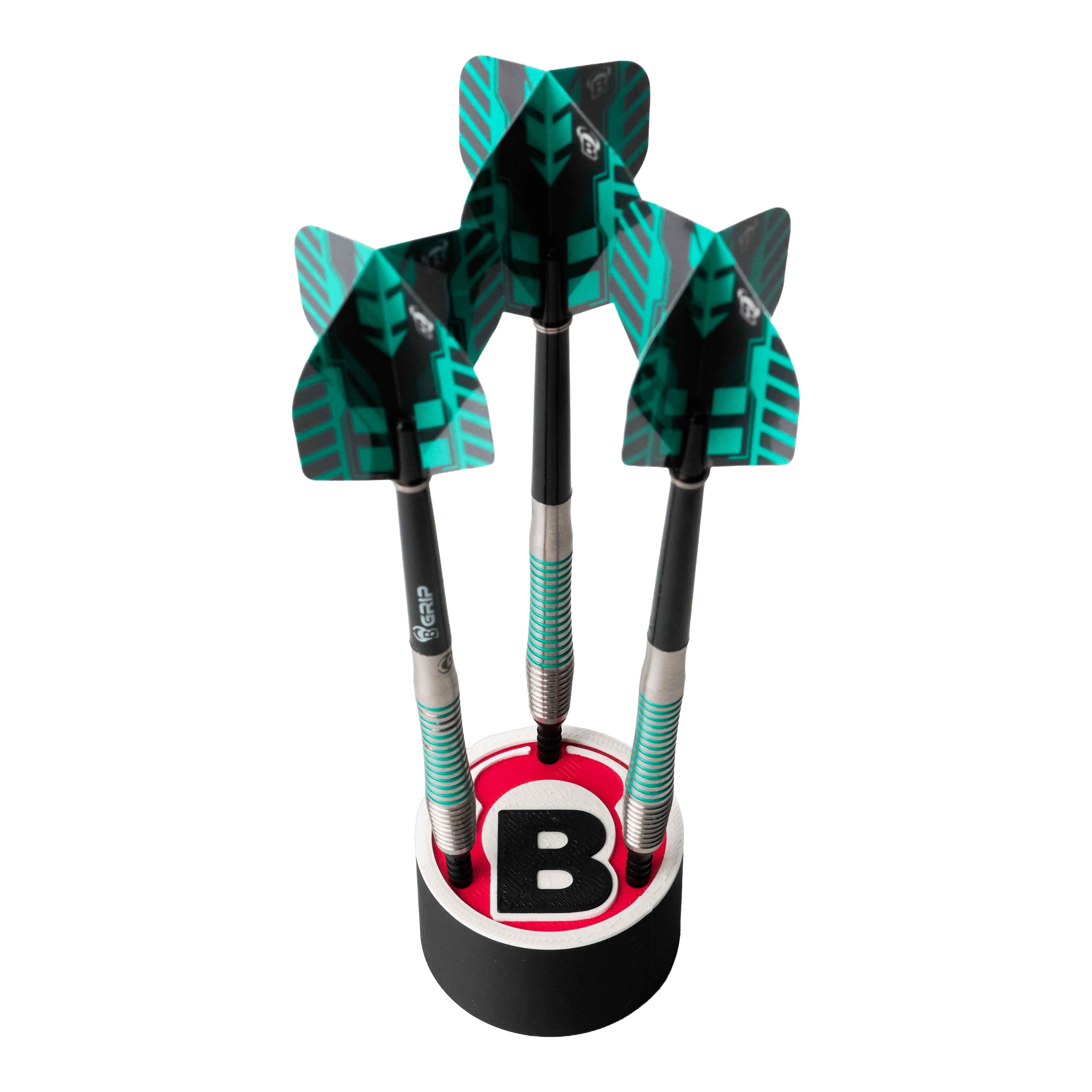 Bulls Dart Holder Logo Round Das Bild zeigt drei Darts, die in einem runden Halter mit dem Bulls-Logo stehen. Die Flights der Darts sind schwarz und grün gemustert.