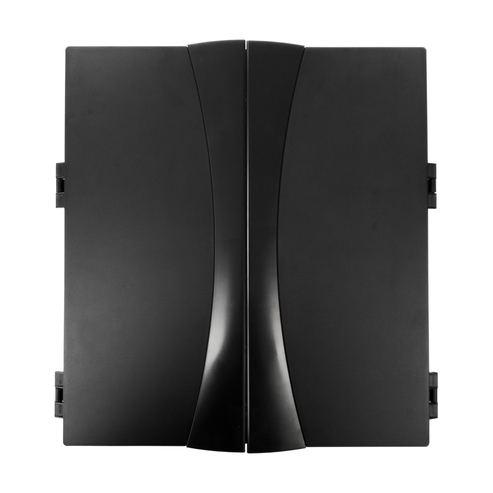 8089_Karella_Elektronische_Dartscheibe_CB25_Turnierausf-hrung_2 Das Bild zeigt die Elektronische Dartscheibe CB 25 Turnierausführung mit geschlossenen Türen. Die Vorderseite ist schlicht und schwarz gehalten.