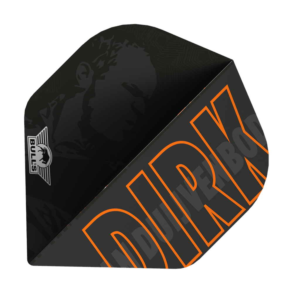 Bulls NL Player 100 Dirk Van Duijvenbode No2 Standard Flights Das Bild zeigt ein schwarzes Dartflight mit dem Namen "DIRK" in großen orangefarbenen Buchstaben. In der Ecke ist das Bulls-Logo zu sehen und im Hintergrund ist ein Porträt schattiert dargestellt.