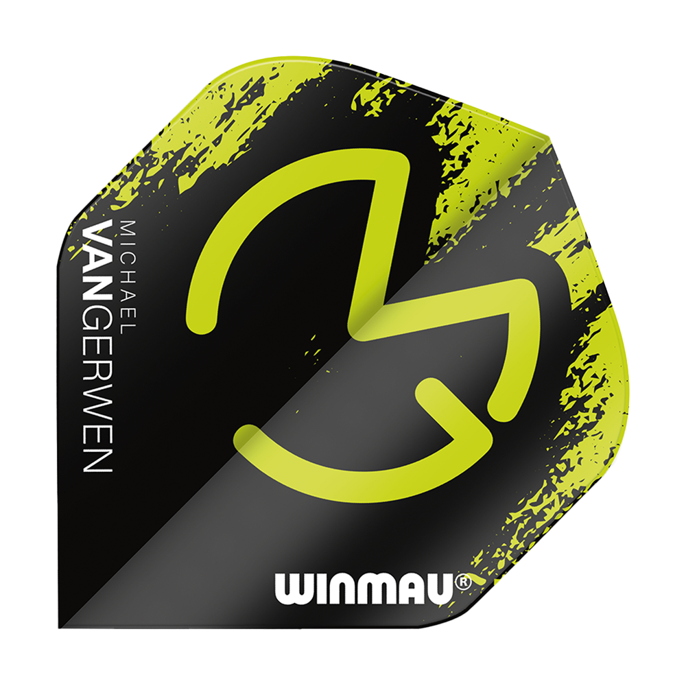 6900-234_Winmau_Mega_MvG_Green_Black_Standard_Flights_1IegHensjrWwb1 Winmau Mega MvG Green Black Standard Flights in auffälligem Stil. Die Details der Flights sind gut zu sehen.