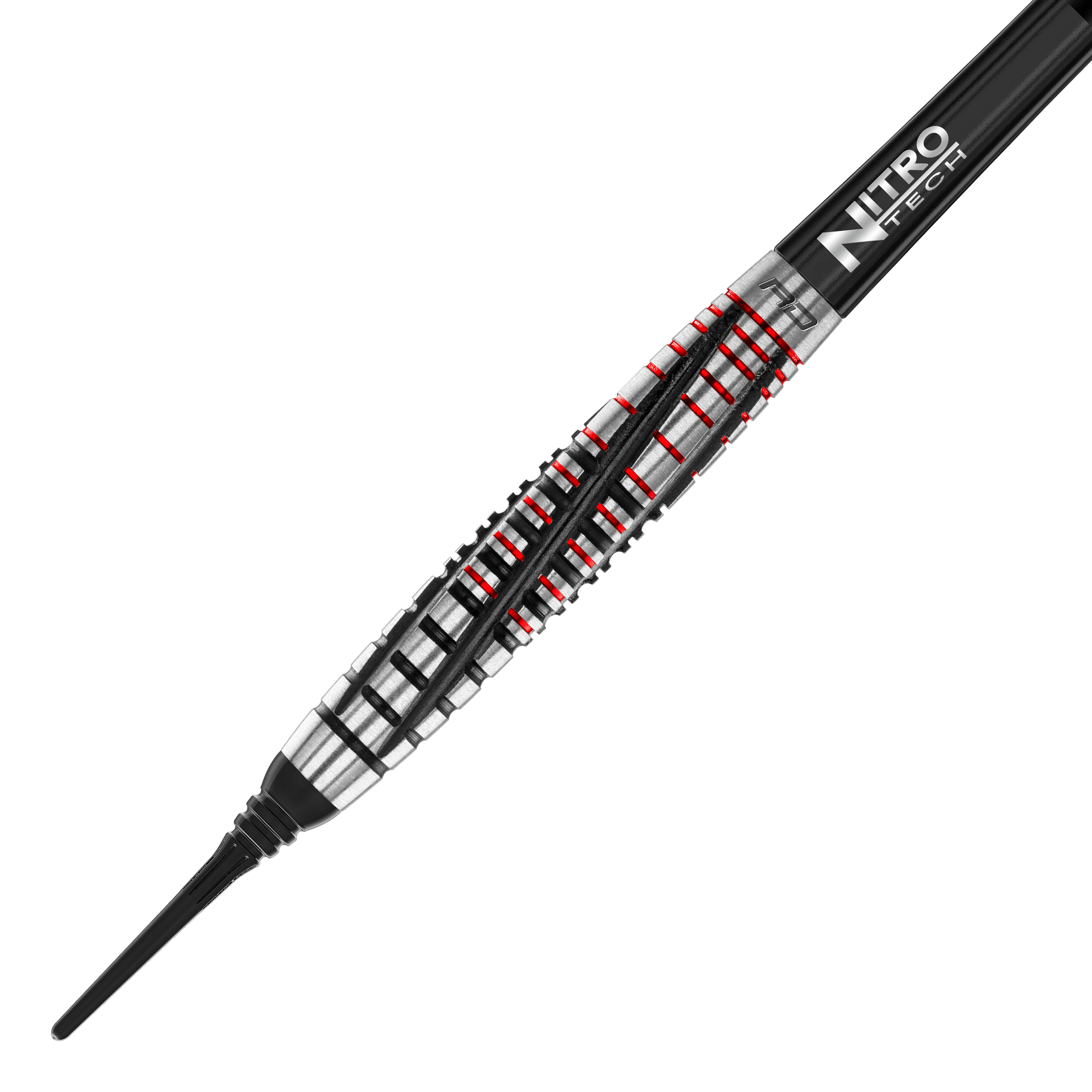 Red Dragon Rifle Soft Darts - 20g Das Bild zeigt einen Red Dragon Rifle Softdart mit einem Gewicht von 20 Gramm. Der Dartpfeil hat ein silbernes und schwarzes Design mit roten Akzenten.