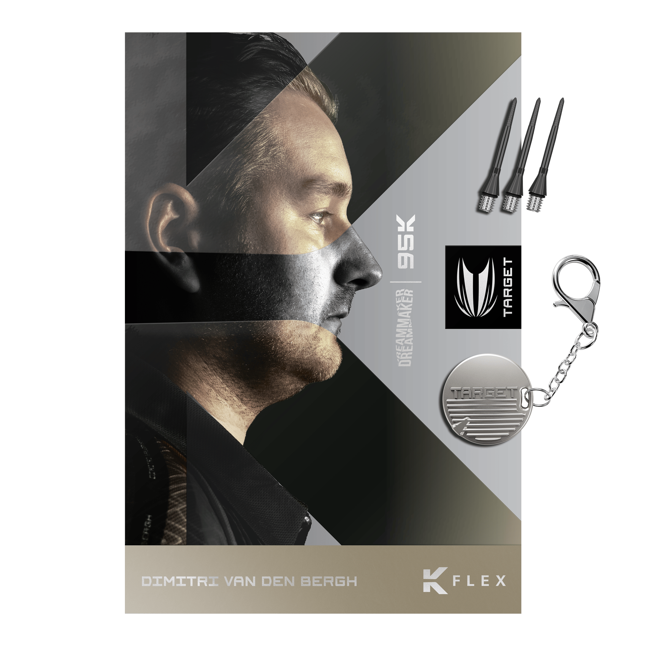 Das Bild zeigt die Target Dimitri Van Den Bergh 95K Softdarts mit einem Gewicht von 19 Gramm. Die Softdarts sind für präzises Werfen und professionelles Dartspiel konzipiert.