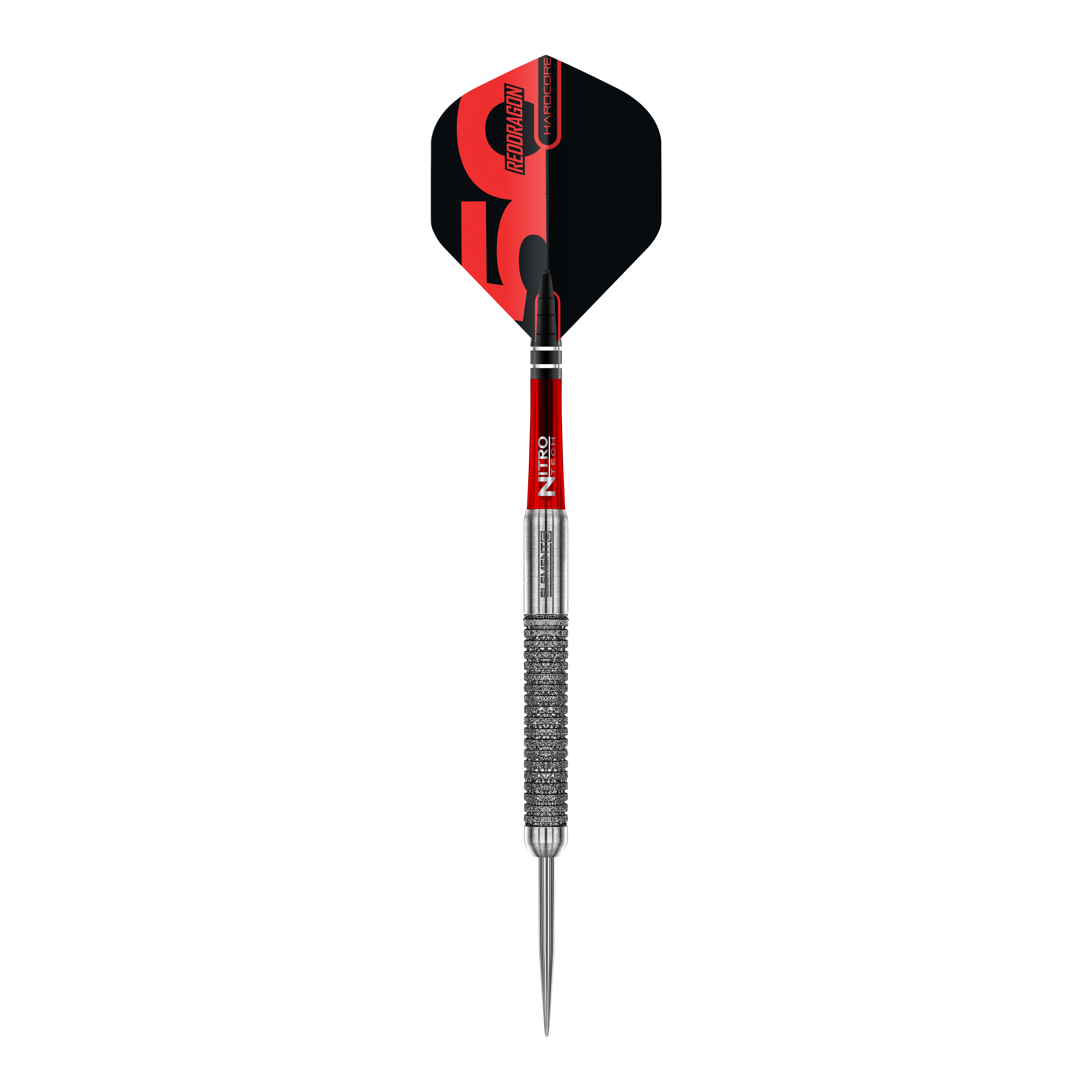 Red Dragon 50 Year Collection Element 6 B Steeldarts - 24g in Nahaufnahme. Das Bild zeigt das Design und die Details des Steeldarts.