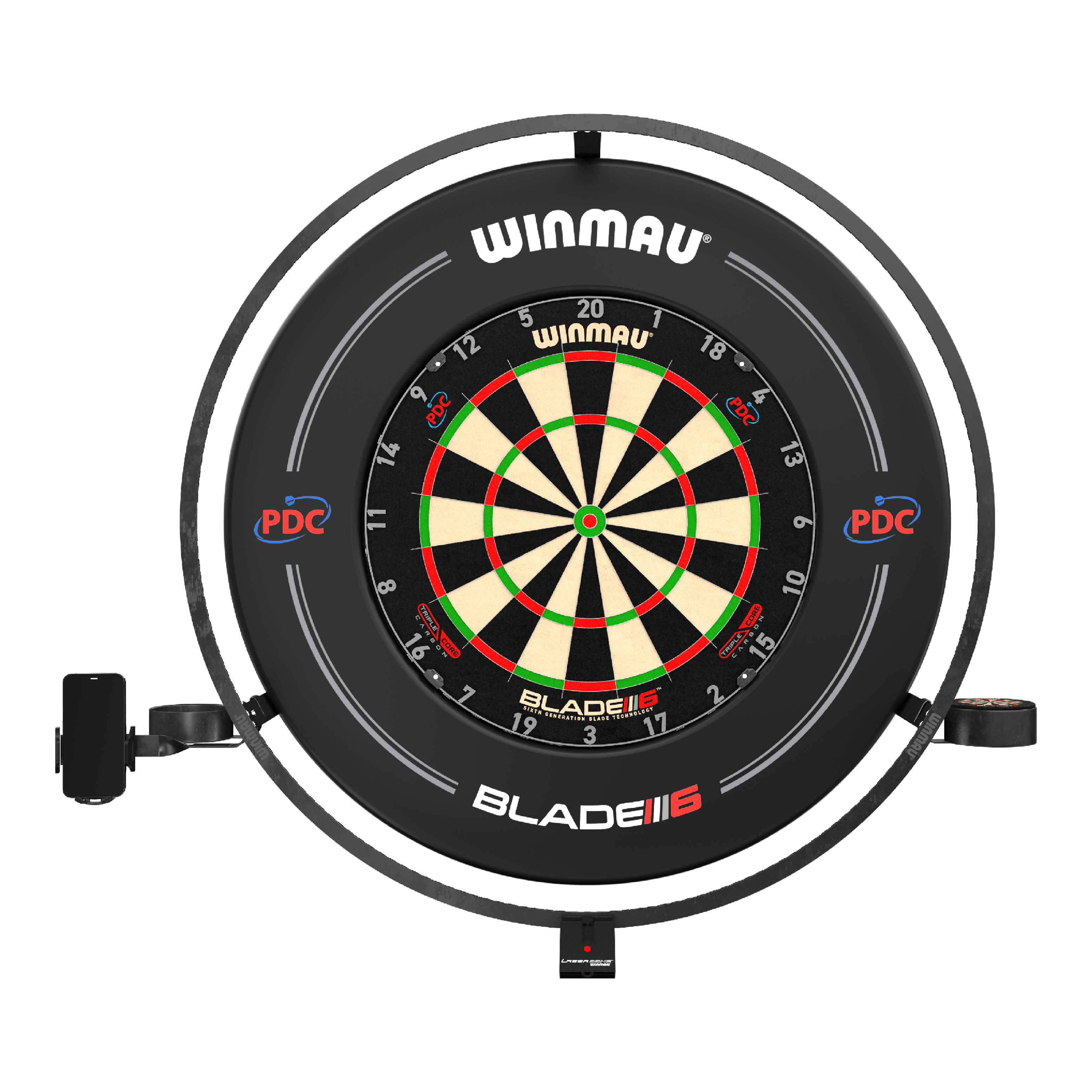 Winmau Plasma Accessory Set Das Bild zeigt das Produkt "Winmau Plasma Zubehör Set" mit einer Dartscheibe und einem umgebenden LED-Leuchtring. Das Set ist für professionelles Dartspielen geeignet und trägt das PDC-Logo.