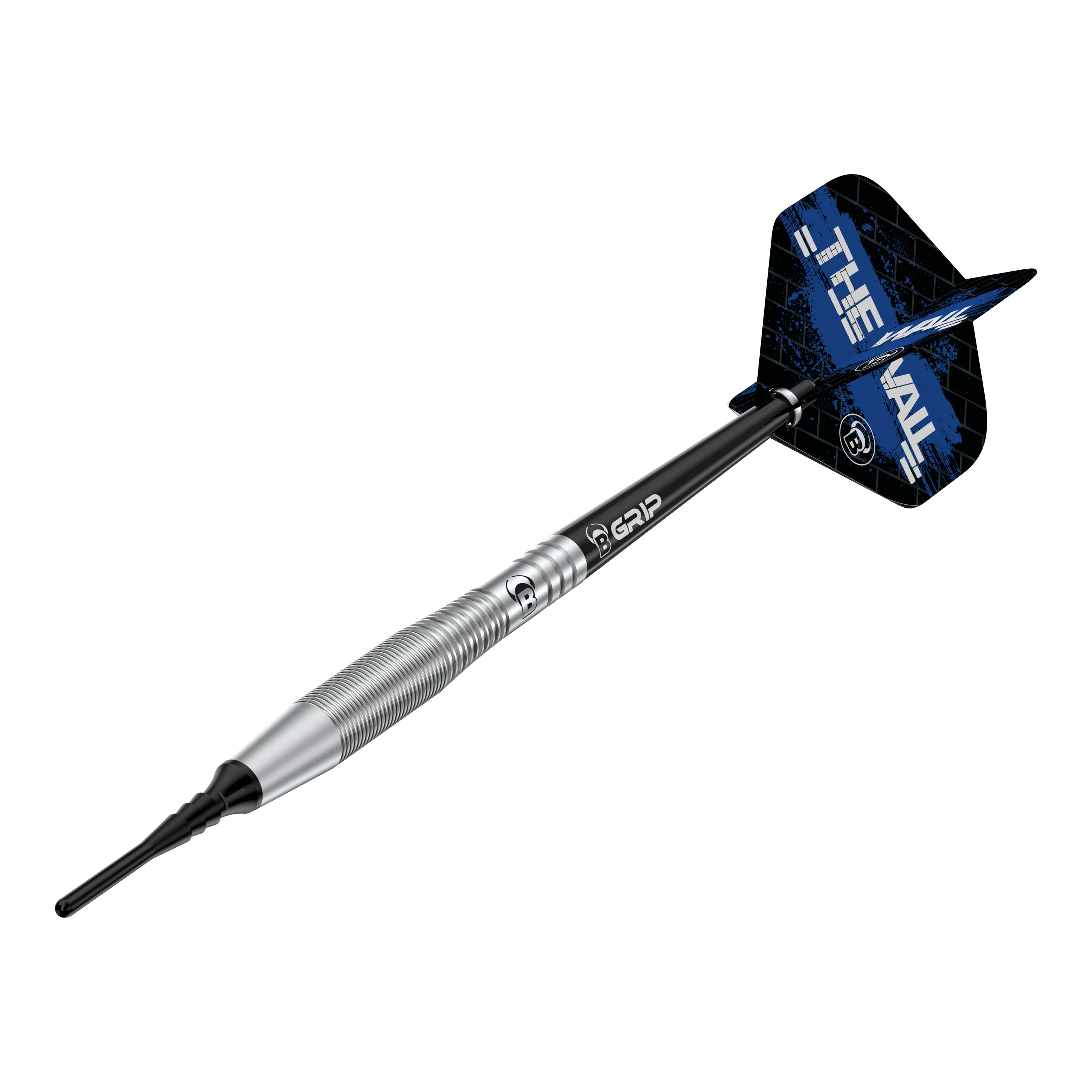 Bulls Martin Schindler TW80 soft darts - 18g Auf dem Bild ist der Bulls Martin Schindler TW80 Softdart mit einem Gewicht von 18g zu sehen. Der Dart hat ein silbernes Barrel und schwarze Flights mit blauem Design.