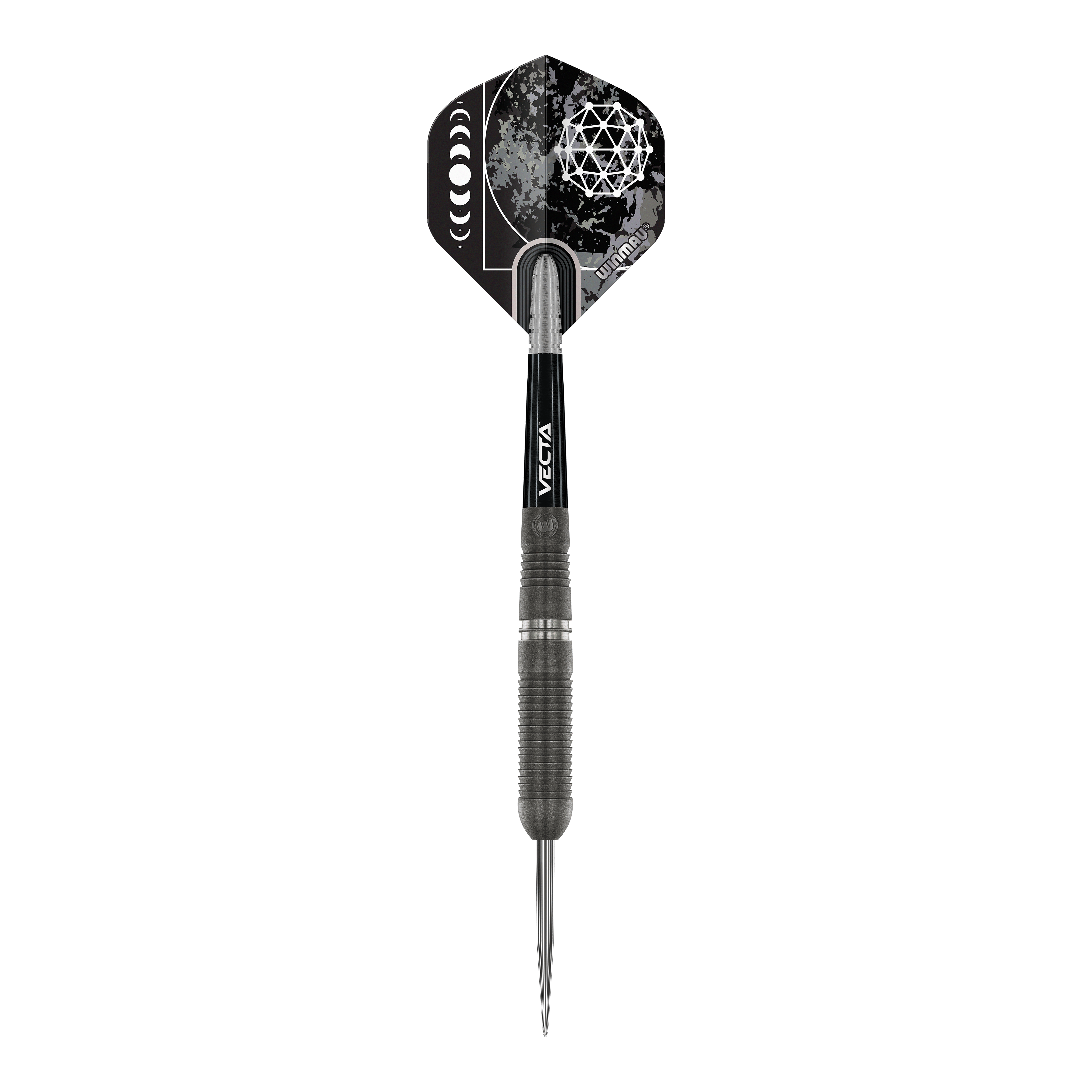 Winmau Callisto 03 Steeldarts Das Bild zeigt einen Winmau Callisto 03 Steeldart. Der Dart ist schwarz mit einem auffälligen, geometrischen Muster auf dem Flight.