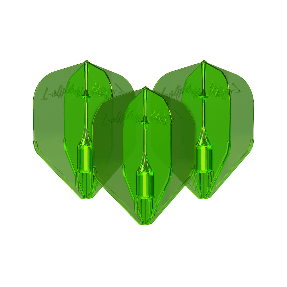 L-Style Fantom L3EZ Flights Green Das Bild zeigt drei grüne L-Style Fantom L3EZ Flights für Dartpfeile. Die Flights sind durchsichtig und haben eine glänzende Oberfläche.