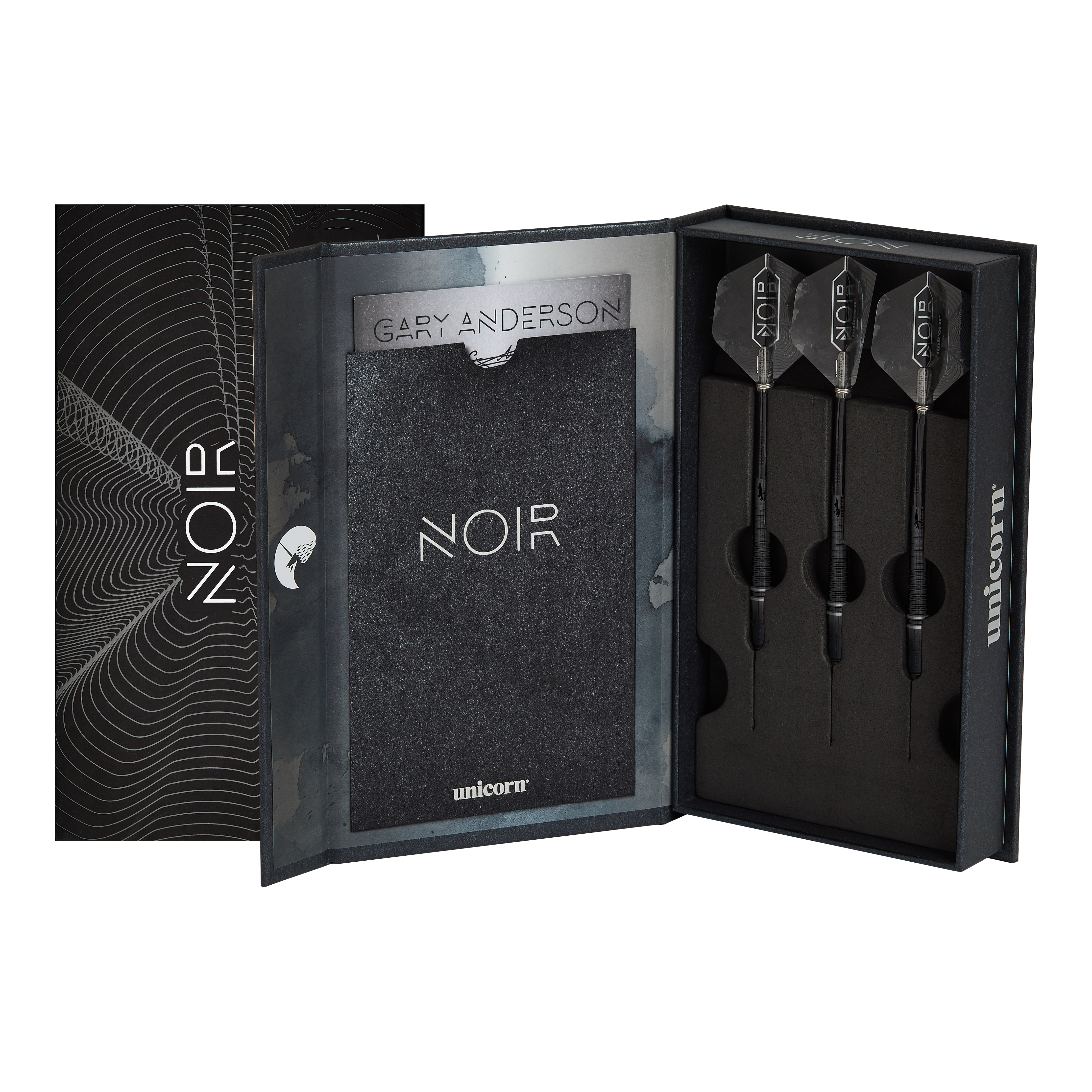Unicorn World Champion Gary Anderson Noir Phase 6 Steeldarts Das Bild zeigt eine elegante schwarze Verpackung mit drei Steeldarts, die als "Unicorn World Champion Gary Anderson Noir Phase 6" bezeichnet werden. Die Darts und die Schachtel sind modern und hochwertig gestaltet.