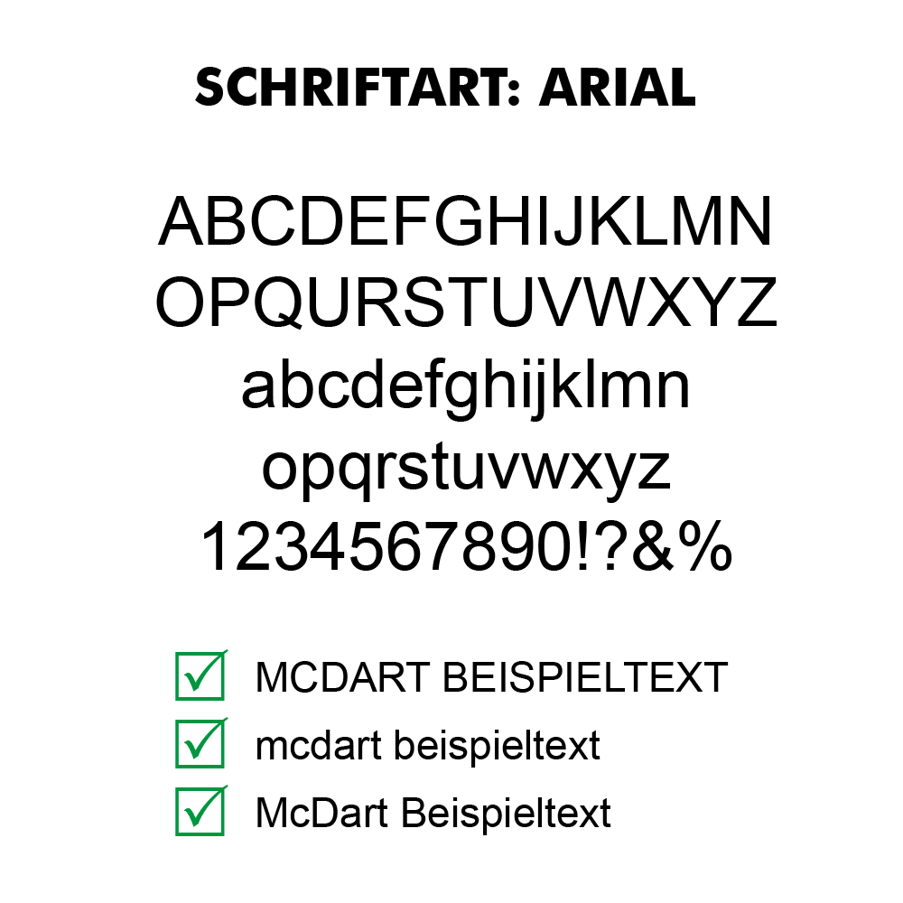 Flightdruck_Schriftart_AriallJyHHriEVk2tJ Der Text im Bild beschreibt die Schriftart Arial. Es werden drei Vorteile genannt: gut lesbar, modern und weit verbreitet (jeweils mit grünem Haken markiert).