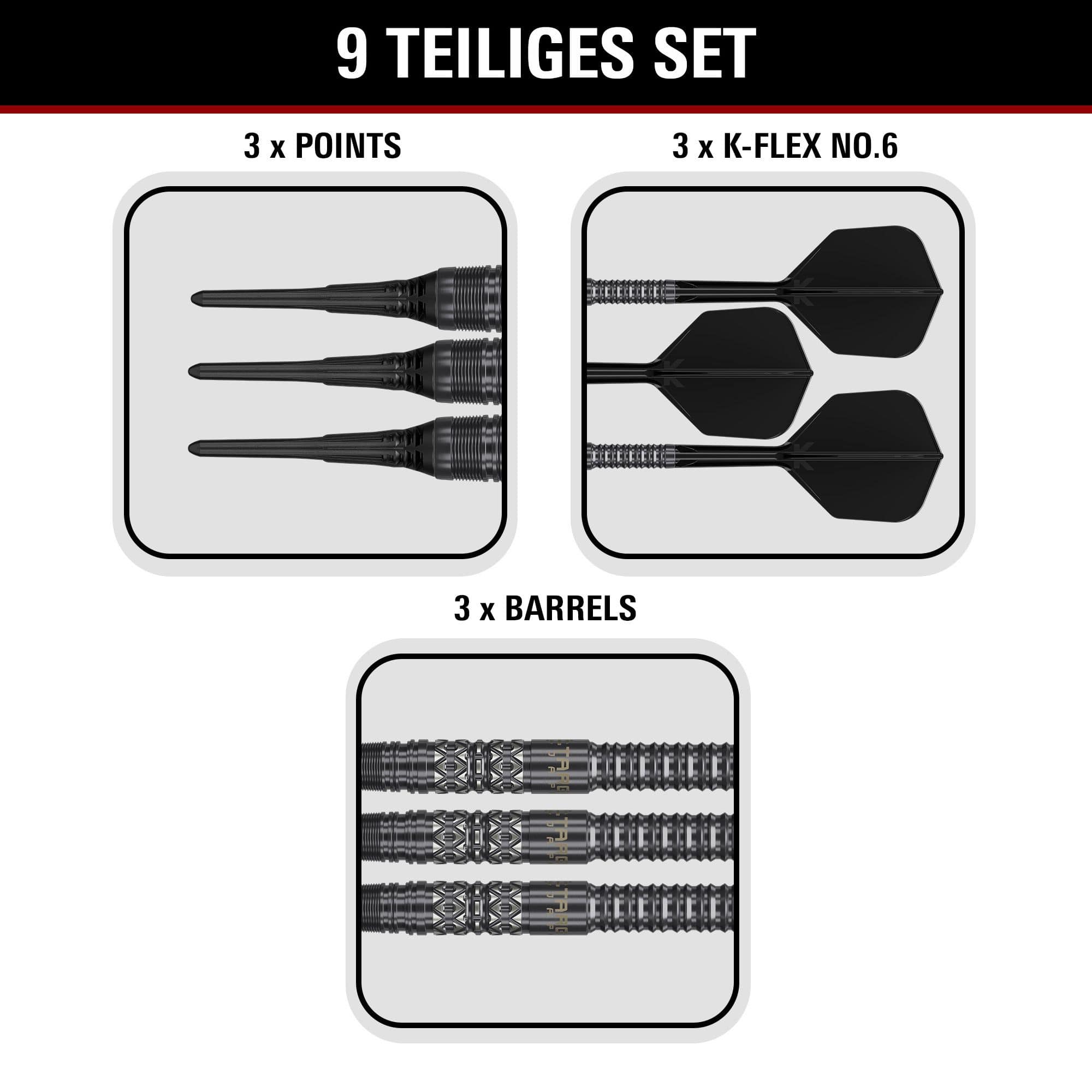Target Black Marque Creed Soft Darts - 21.5g Produktbild der Target Black Marque Creed Softdarts mit einem Gewicht von 21,5g. Die Darts sind auf hellem Hintergrund abgebildet.