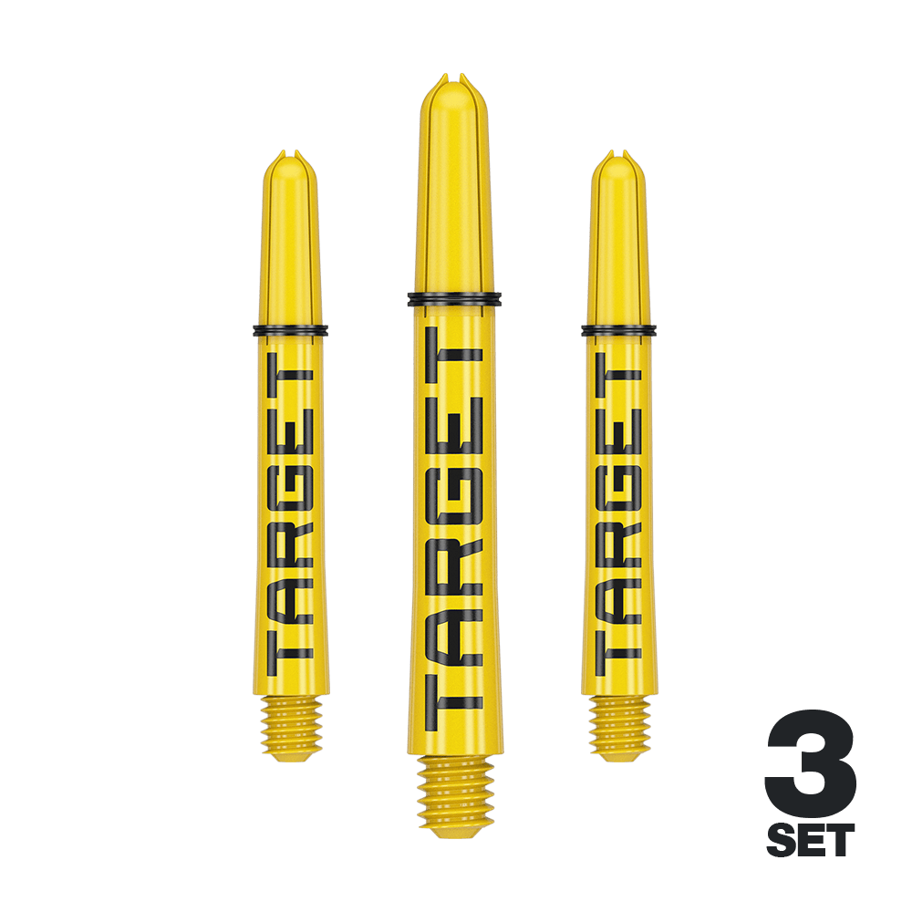 Target Pro Grip TAG Shafts - 3 Sets - Yellow Das Bild zeigt drei gelbe Dart-Schäfte mit der Aufschrift "TARGET". Unten rechts steht "3 SET", was auf ein Set mit drei Stück hinweist.