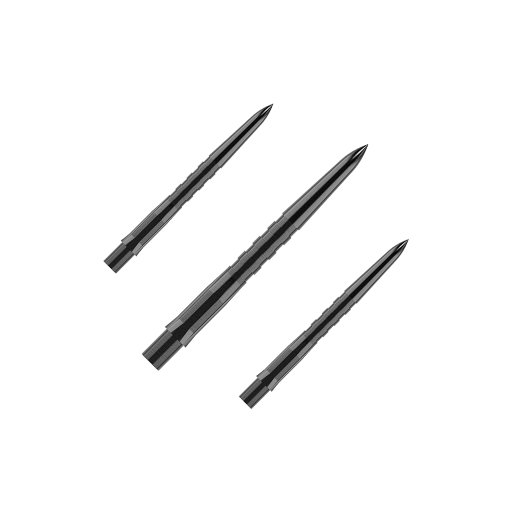 Mission Caliburn EVO Dart Tips - Grooved - Black Das Bild zeigt drei schwarze, gerillte Steeldartspitzen, die parallel zueinander liegen. Die Spitzen sind spitz zulaufend und haben eine glänzende Oberfläche.