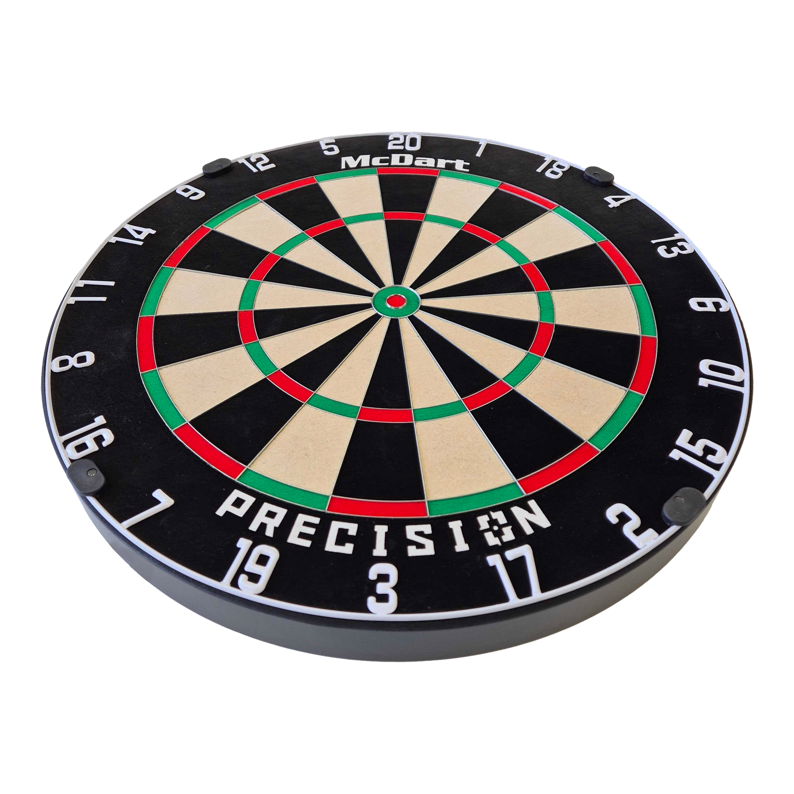 McDart Precision steel dartboard Dies ist ein McDart Precision Steeldartboard. Die Scheibe hat ein klassisches Design mit klarer Nummerierung und farbigen Markierungen.