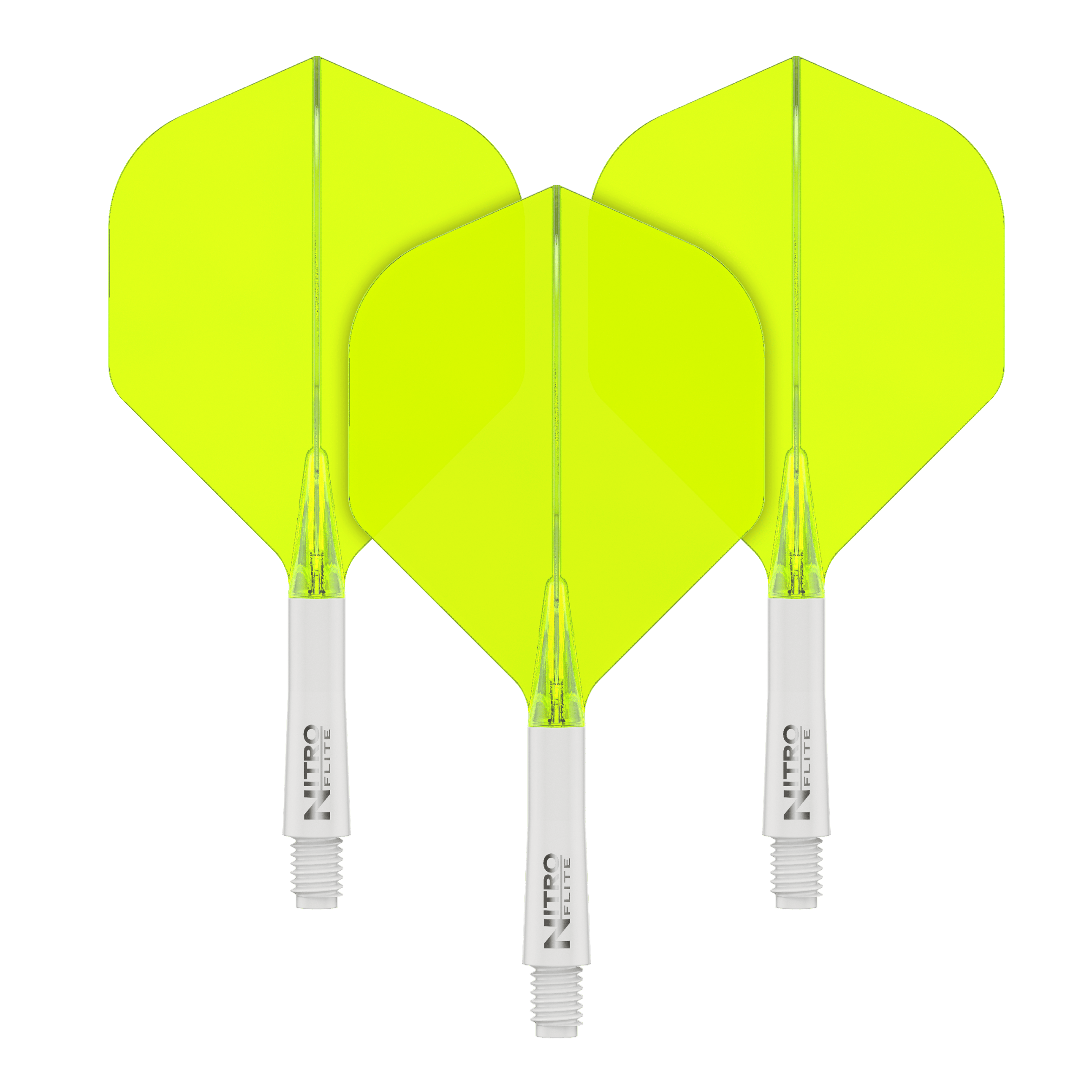 Red Dragon Nitroflite - White Shaft Yellow No2 Flights Auf dem Bild sind drei gelbe Dartflights mit weißen Schäften zu sehen. Sie stehen nebeneinander auf einem schwarzen Hintergrund.
