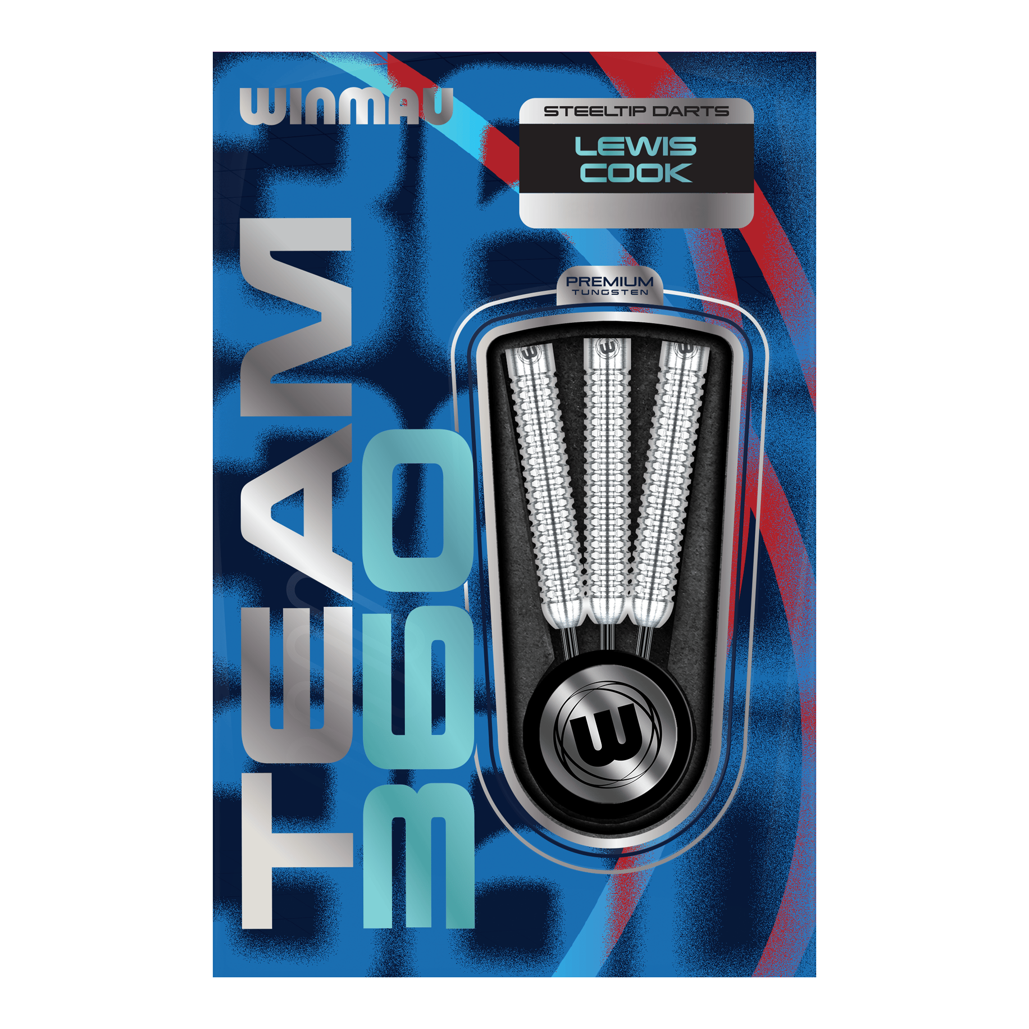 Das Bild zeigt Winmau Team 360 Lewis Cook Steeldarts mit einem Gewicht von 23g. Die Steeldarts sind detailliert von der Seite abgebildet.