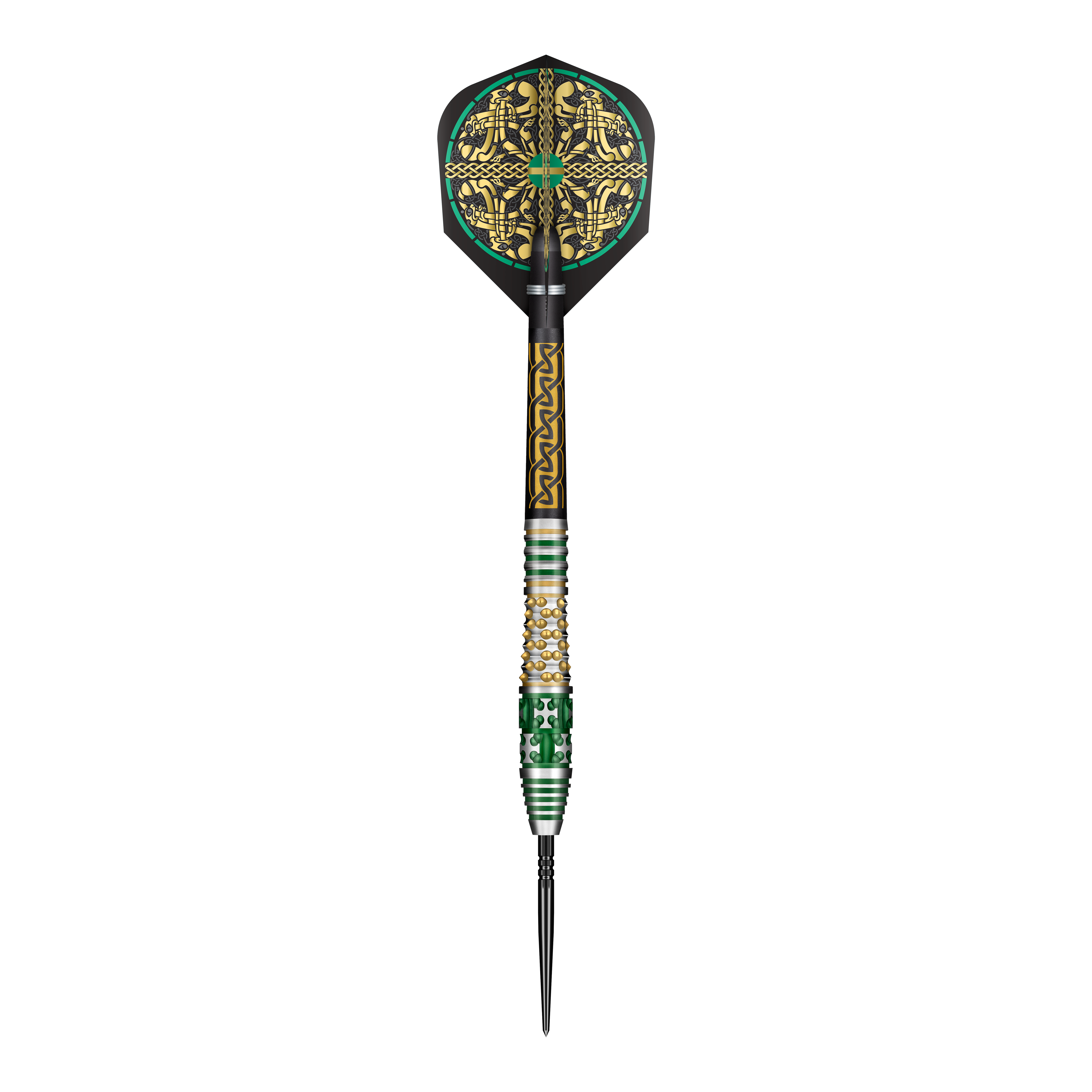 Das Bild zeigt ein Set Shot Celt Cernunnos TurboPoints Steeldarts. Die Darts sind in einer Linie angeordnet.