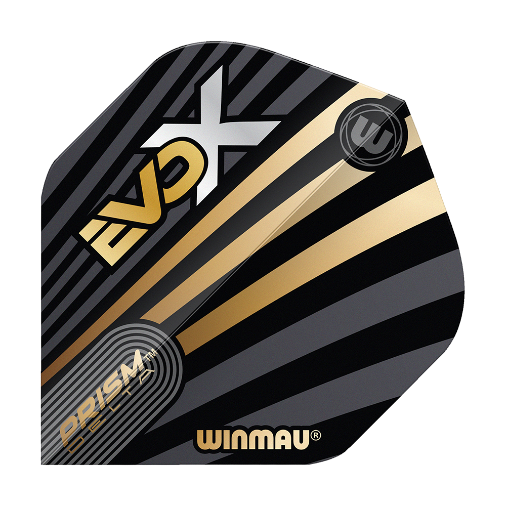 Winmau Prism Delta MvG Evo-X No2 Standard Flights Das Bild zeigt ein Winmau Prism Delta MvG Evo-X No2 Standard Flight. Das Flight ist schwarz mit goldenen und grauen Streifen sowie dem Schriftzug "EVO-X" und "WINMAU".