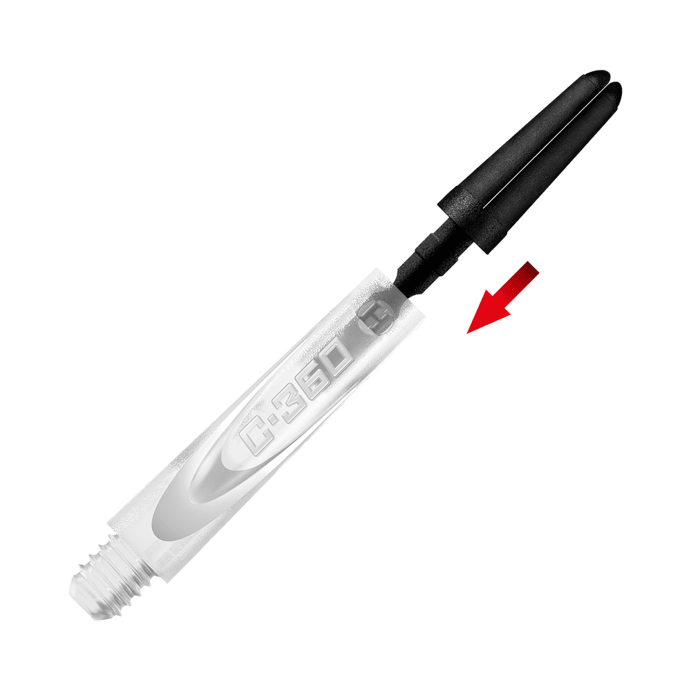HR442_Harrows_Carbon_360_Shaft_Tops_3 Das Bild zeigt das Produkt "Harrows Carbon 360 Shaft Ersatztops". Ein roter Pfeil weist auf das schwarze Ersatzteil am oberen Ende des Schafts hin.